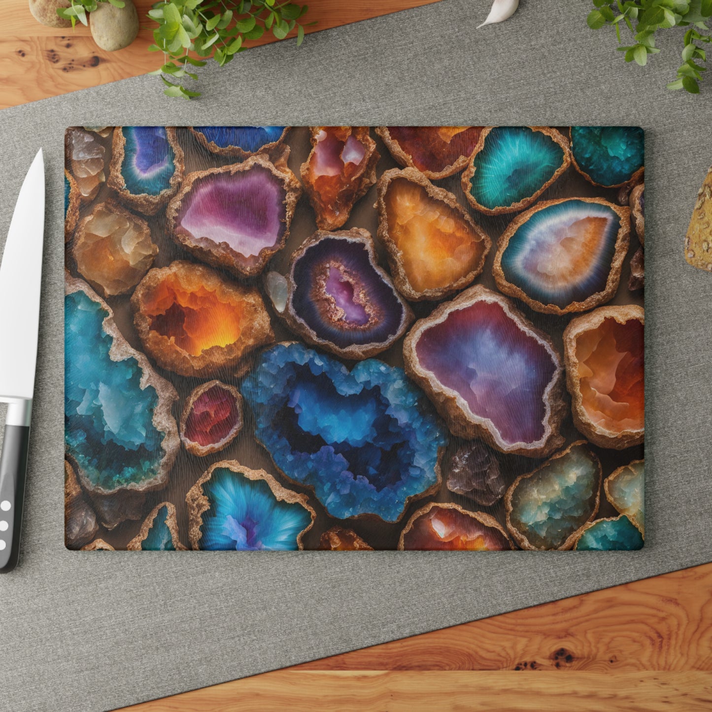 Kitchen Decor Glass Geode-Themed Image Unique Rock Lover Cutting Board Serving Tray Home Cook Gift Colorful Glass Charcuterie Board