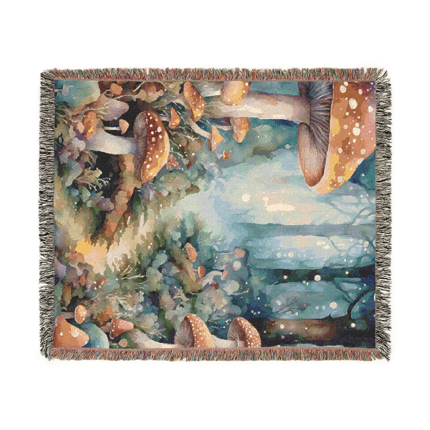 Mushroom Design Cozy Reading Throw for Book Lovers Cotton Woven Fringed Picnic Blanket Fantasy Wall Art