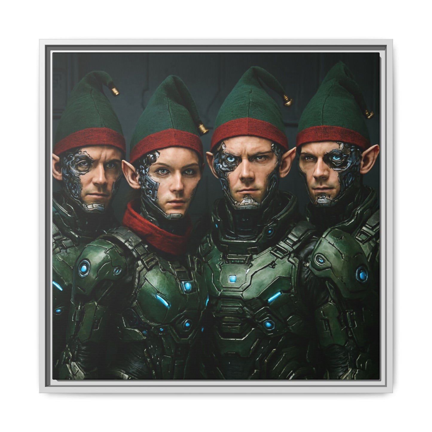 Cyber-Elves Print Modern AI Elf Design Unique Framed Canvas Sci-Fi Print Funny Christmas Elf Wall Art Gamer Gift Decor 3 frame colors