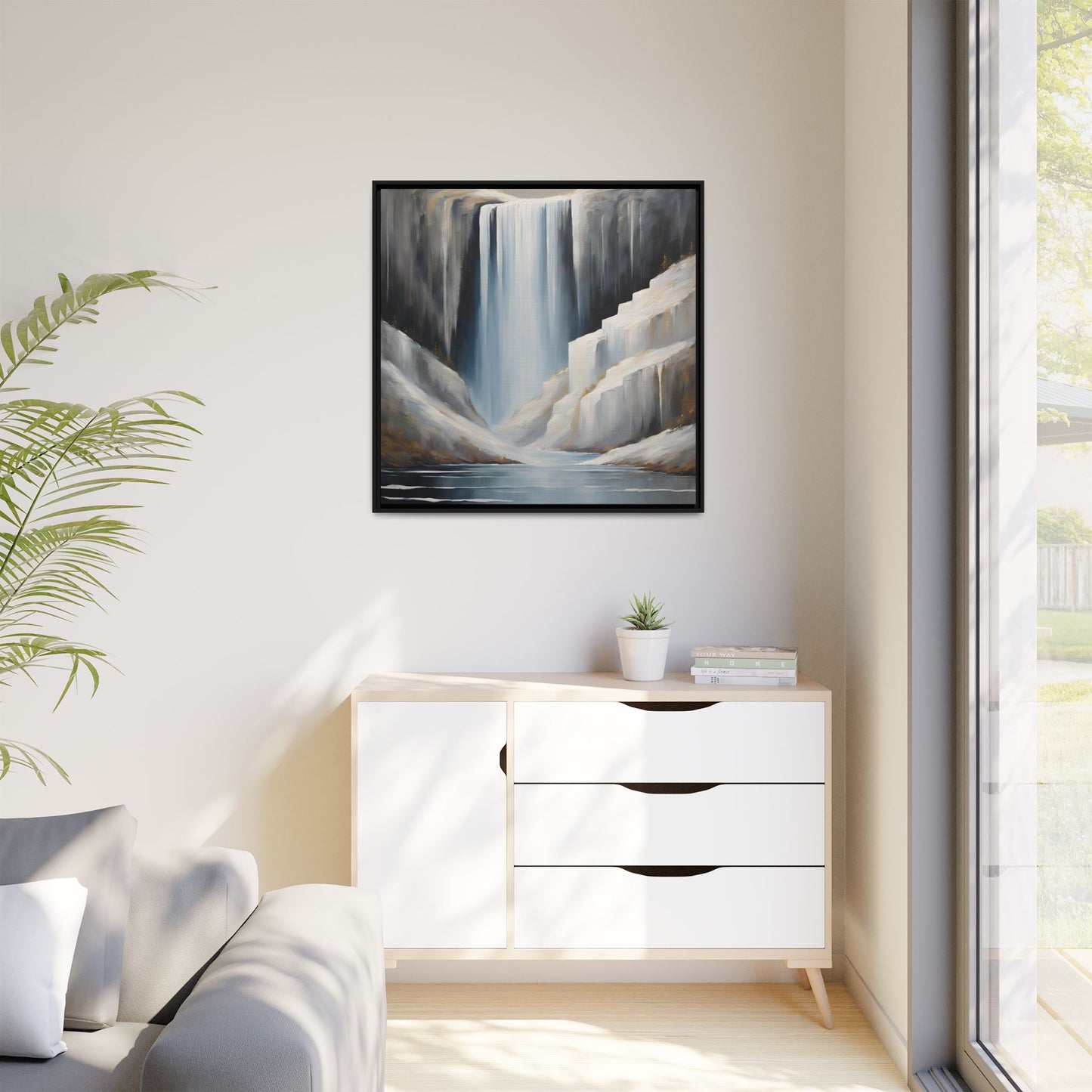 Modern Abstract Waterfall Design Unique Framed Canvas Wall Art Ocean Beach Gift Nature Lover Gift Mountain Landscape Gift 3 frame colors