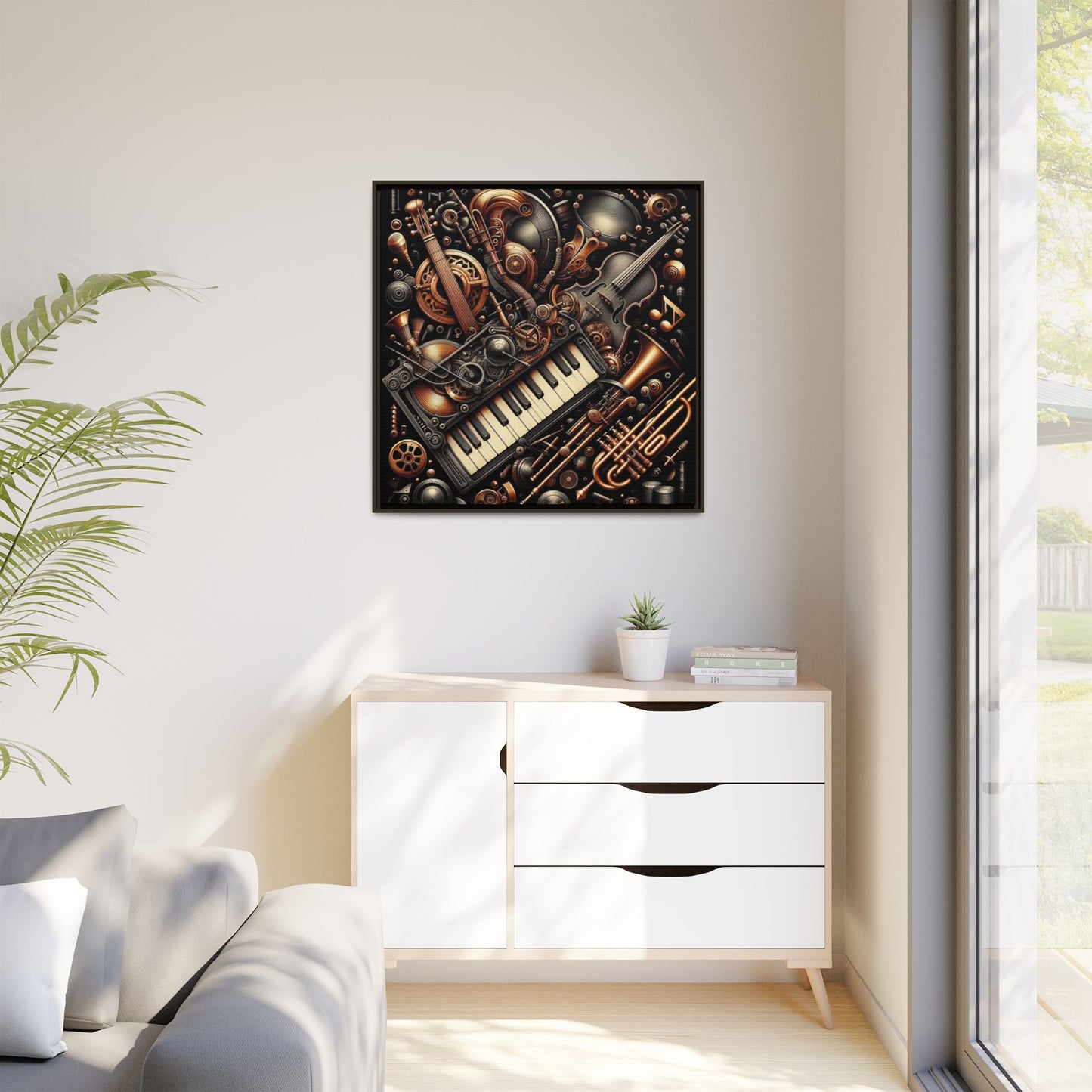 Modern Music-Themed Steampunk Style Print Abstract Design Unique Framed Canvas Print Wall Art Music Lover Gift Decor 3 frame colors