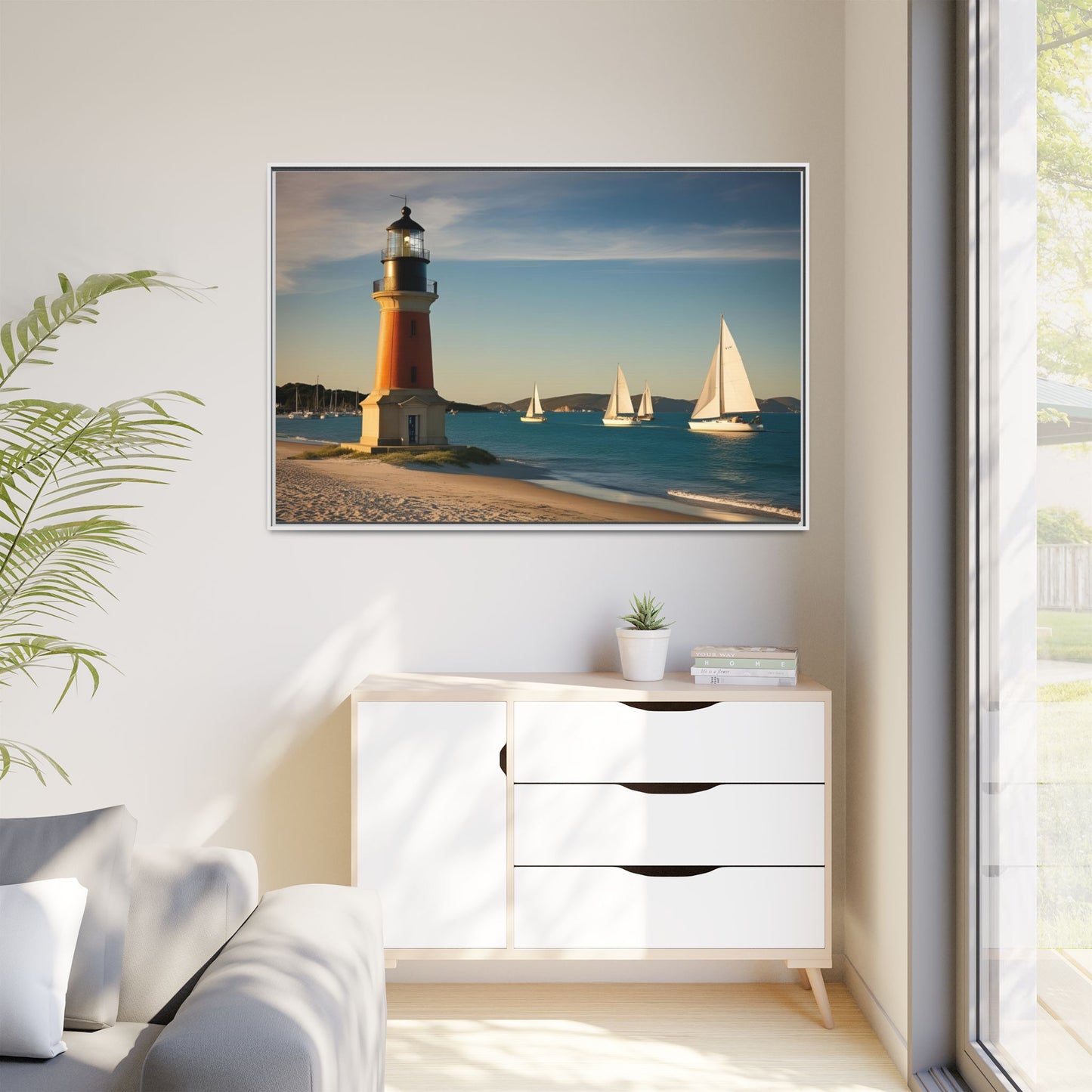 Lighthouse on the Beach Unique Framed Canvas Print Wall Art Nature Lover Gift Beachy Sailboats in the Ocean Vacation Decor 3 frame colors