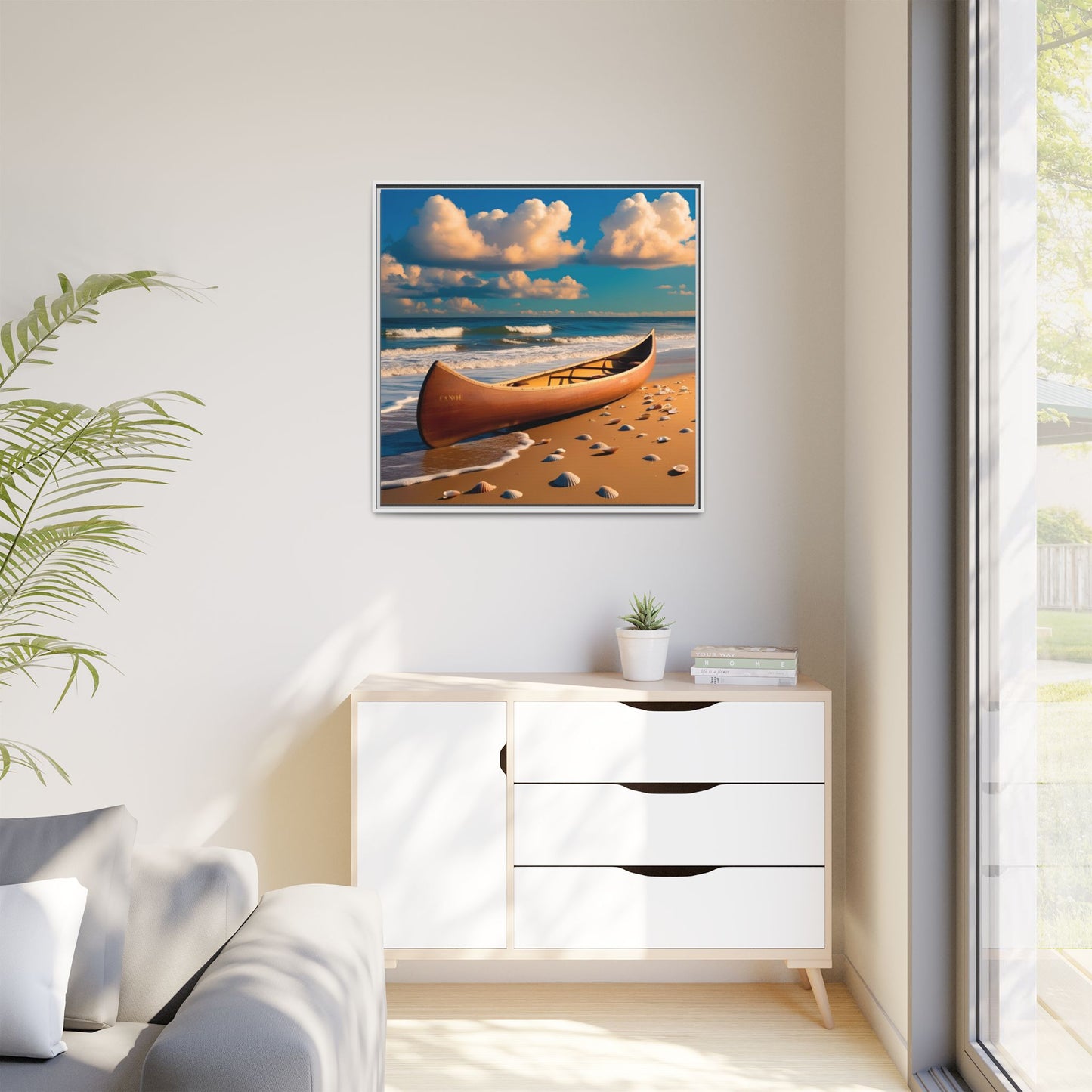 Canoe on the Beach Calm Sunny Day Framed Canvas Wall Art Beach Lover Vacation Oceanic Gift Nature Lover Peaceful Zen Gift 3 frame colors