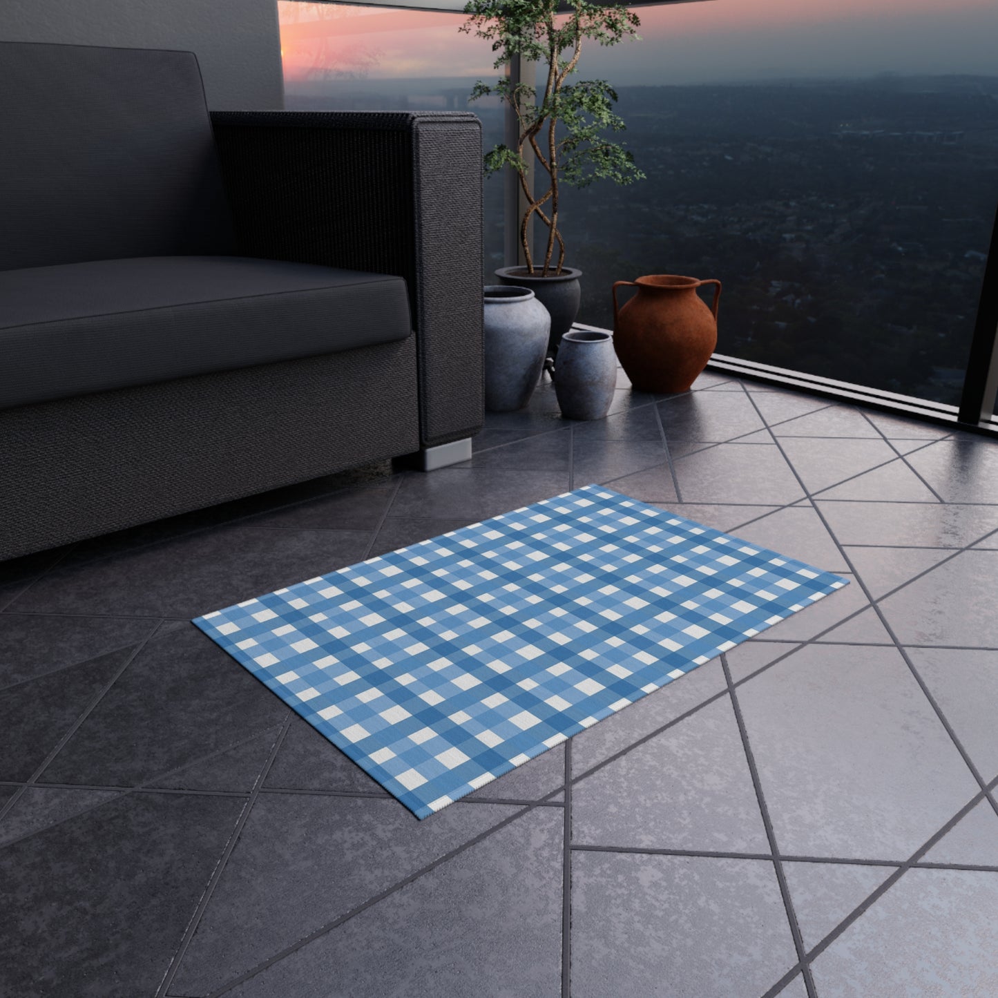 Checker Pattern Chenille Outdoor Rug with No-Skid Backing Cozy Outdoor Carpet Patio Decor Gazebo Rug Pool Area Decor Outdoor Kitchen Carpet