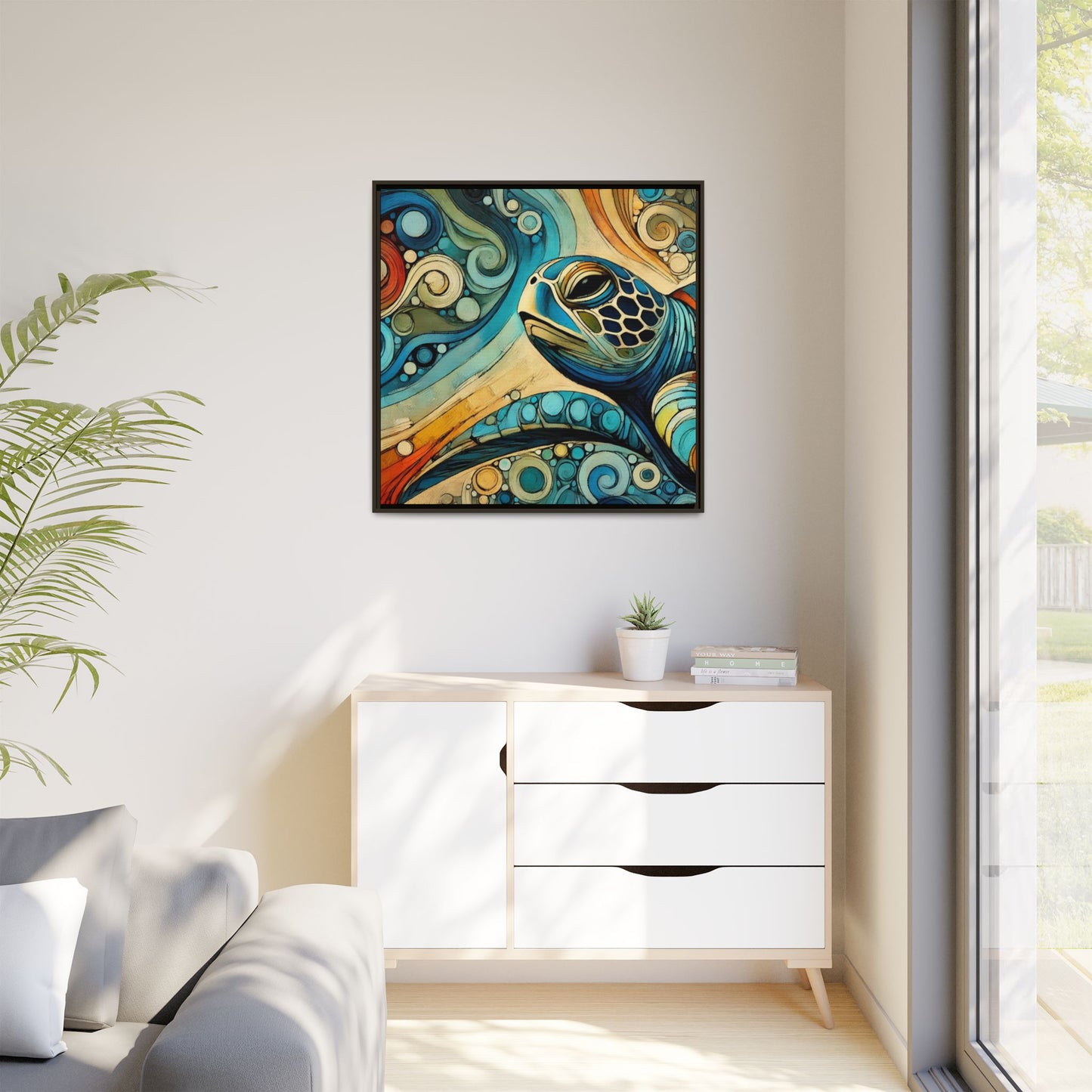 Modern Sea Turtle Print Abstract Design Unique Framed Canvas Print Oceanic Wall Art Animal Lover Gift Nature Lover Decor 3 frame colors