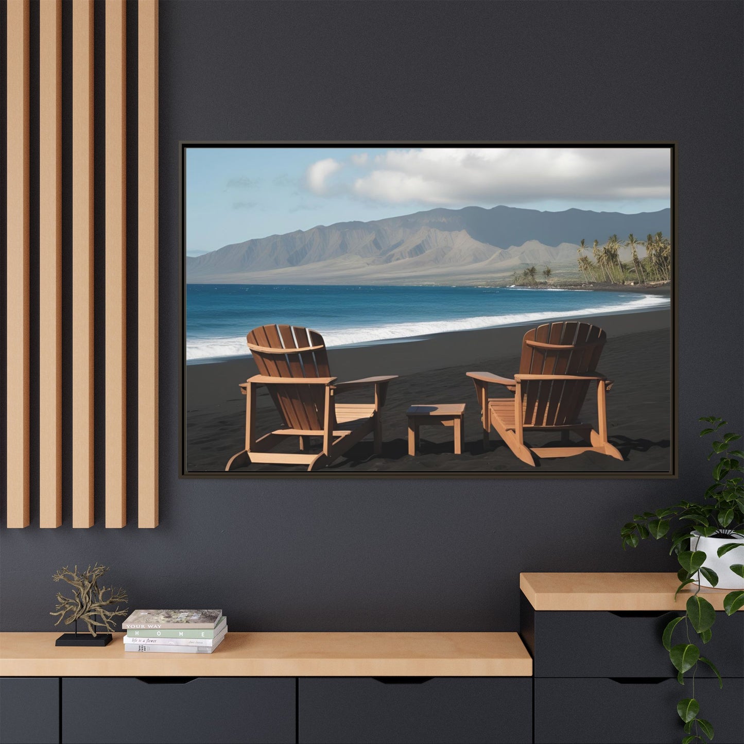 Chairs on the Maui Black Sand Beach Print Unique Framed Canvas Print Wall Art Gift Beachy Nature Lover Ocean Waves Decor 3 frame colors