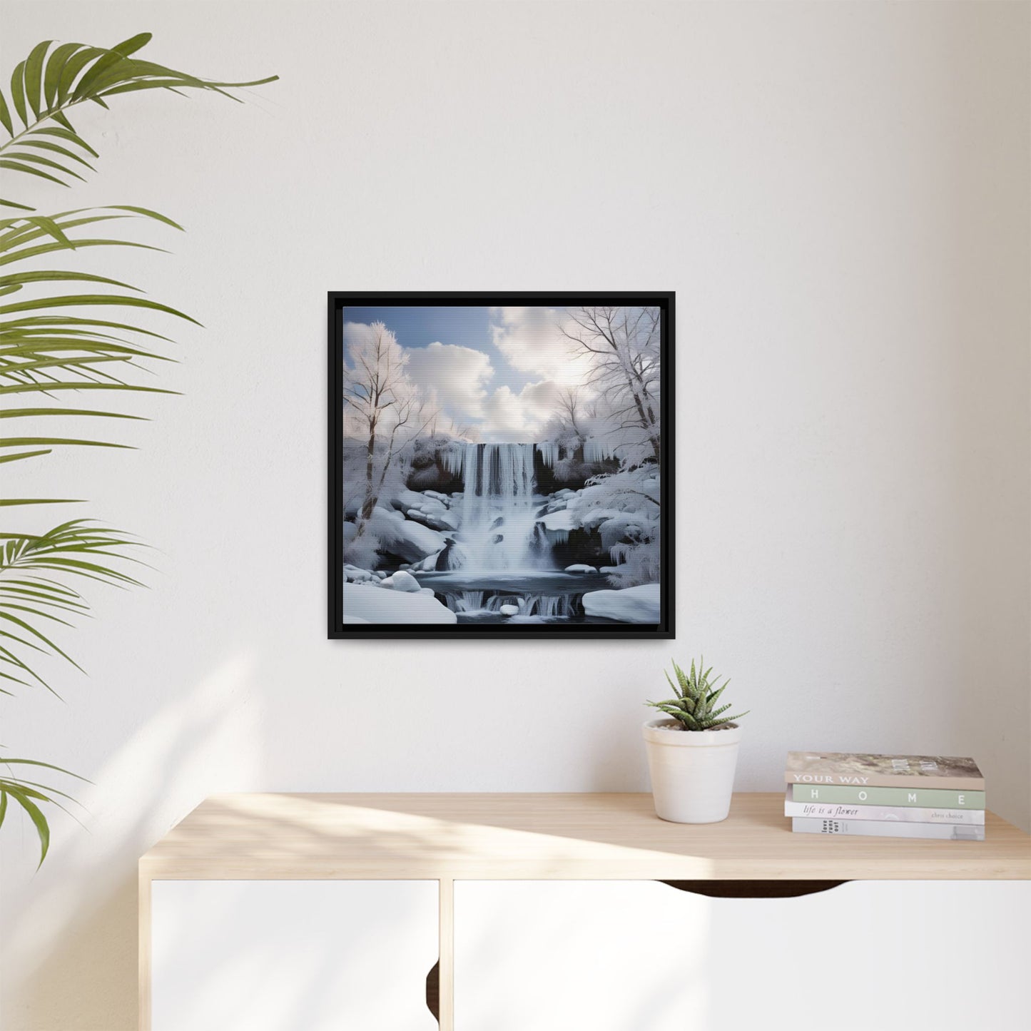 Modern Snowy Waterfall Design Unique Framed Canvas Wall Art Winter Scene Nature Lover Gift Mountain Landscape Decor Gift 3 frame colors