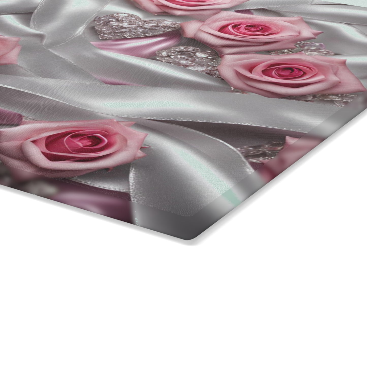 Kitchen Decor Glass Cutting Board Serving Tray with Rose Design Satin Ribbon Pattern Cutting Board Gift for Home Cook Charcuterie Board
