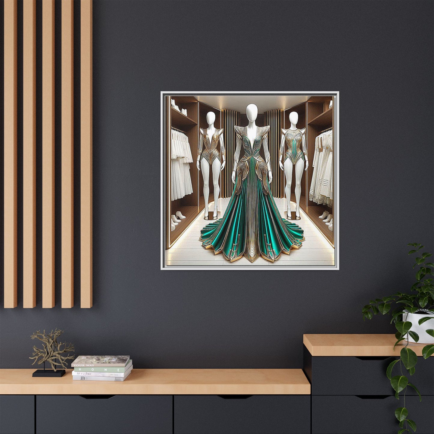 Futuristic Bodycon Runway Dress Framed Canvas Print Wall Art Unique Fashion Designer Style Haute Couture Fashionista Gift 3 Frame Colors