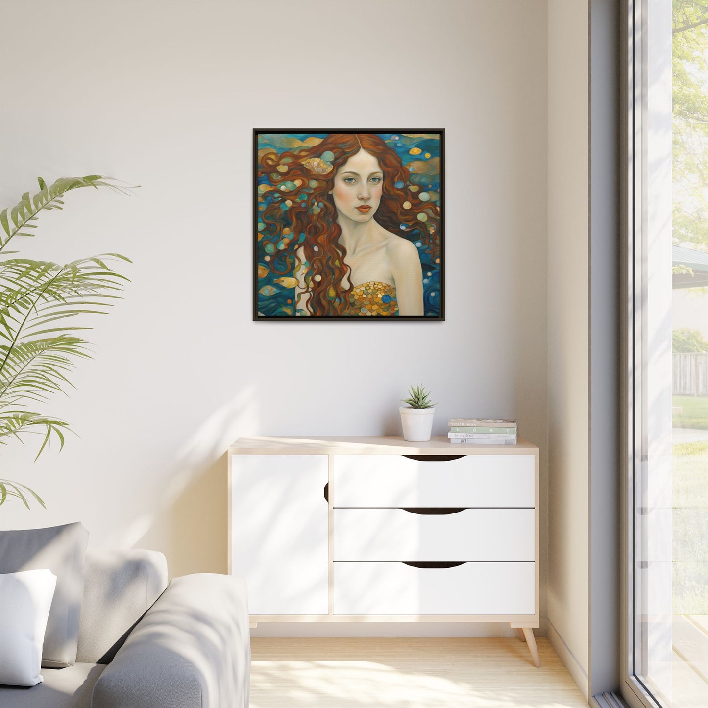 Modern Abstract Mermaid Design Unique Framed Canvas Oceanic Wall Art Underwater Gold Fish Anime Gift Nature Lover Gift 3 frame colors