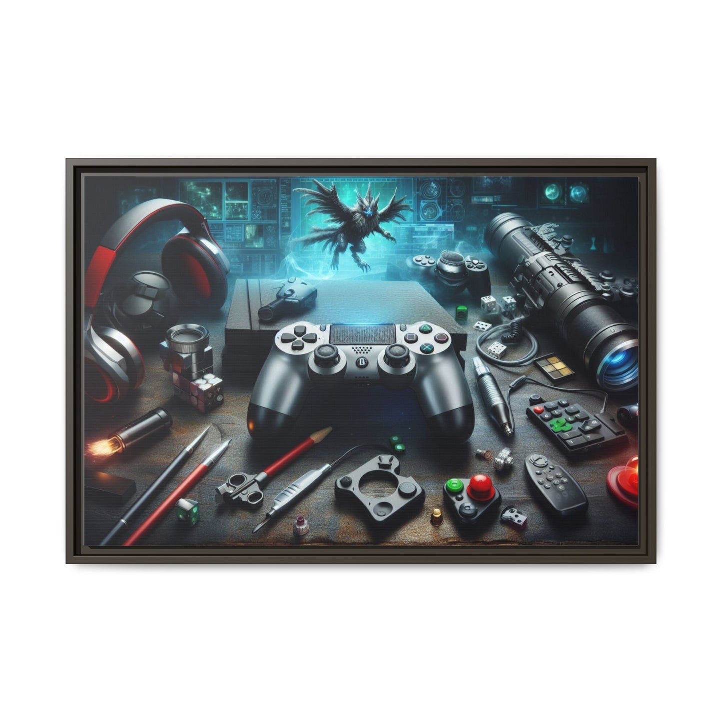 Gamer Themed Unique Framed AI Canvas Print Wall Art Video Game Lover Futuristic Digital Style Gift Cyber Geek Matrix Decor 3 frame colors