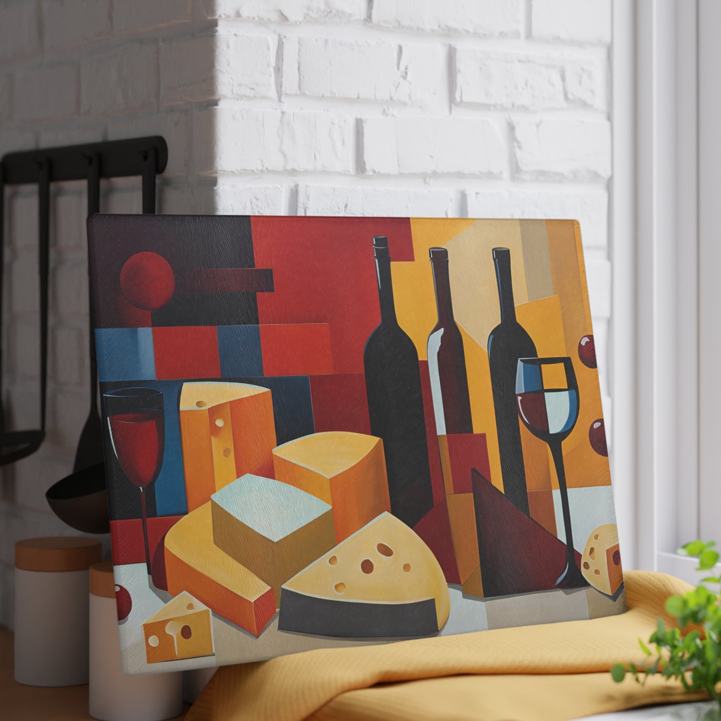 Kitchen Decor Glass Cutting Board Serving Tray with Wine and Cheese Design Cutting Board Gift for Home Cook Charcuterie Board