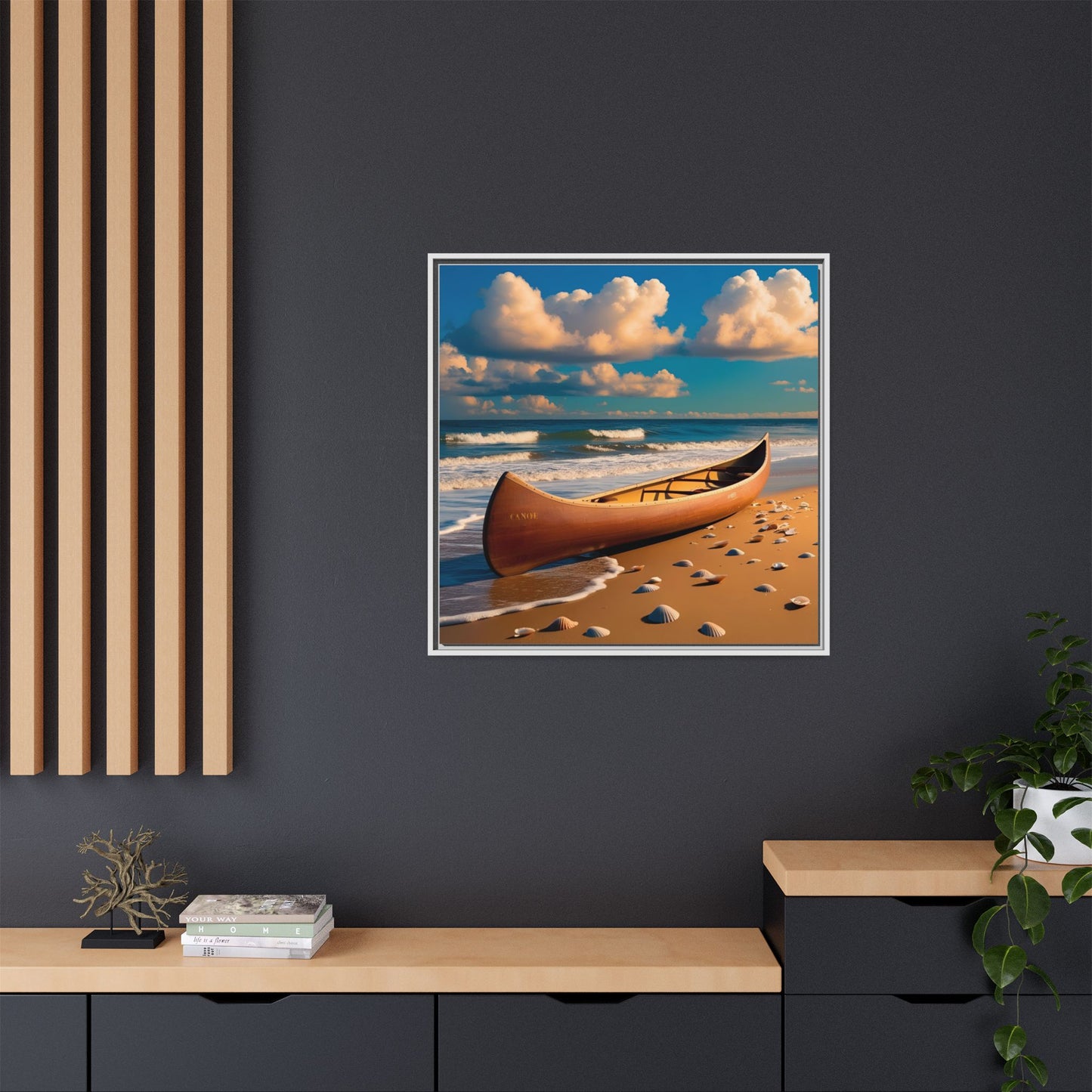 Canoe on the Beach Calm Sunny Day Framed Canvas Wall Art Beach Lover Vacation Oceanic Gift Nature Lover Peaceful Zen Gift 3 frame colors