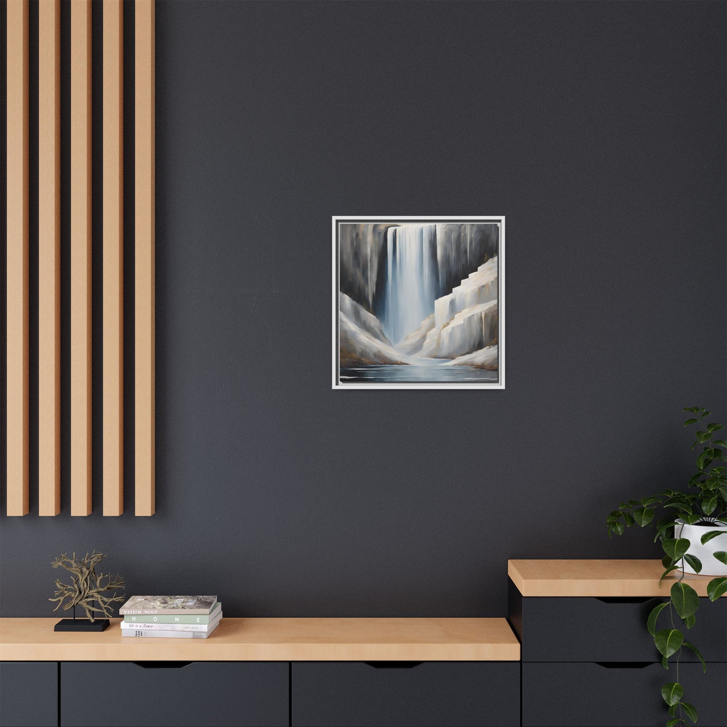 Modern Abstract Waterfall Design Unique Framed Canvas Wall Art Ocean Beach Gift Nature Lover Gift Mountain Landscape Gift 3 frame colors