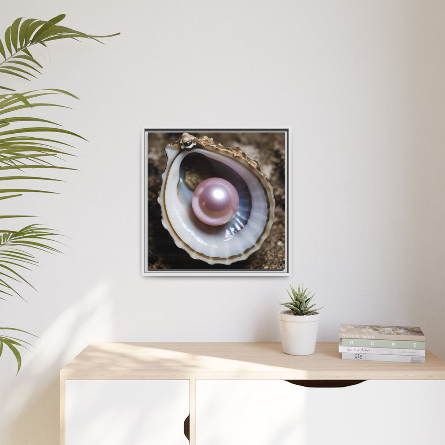Pink Pearl in Oyster Shell Framed Canvas Wall Art Beach Lover Vacation Oceanic Gift Nature Lover Peaceful Zen Gift 3 frame colors