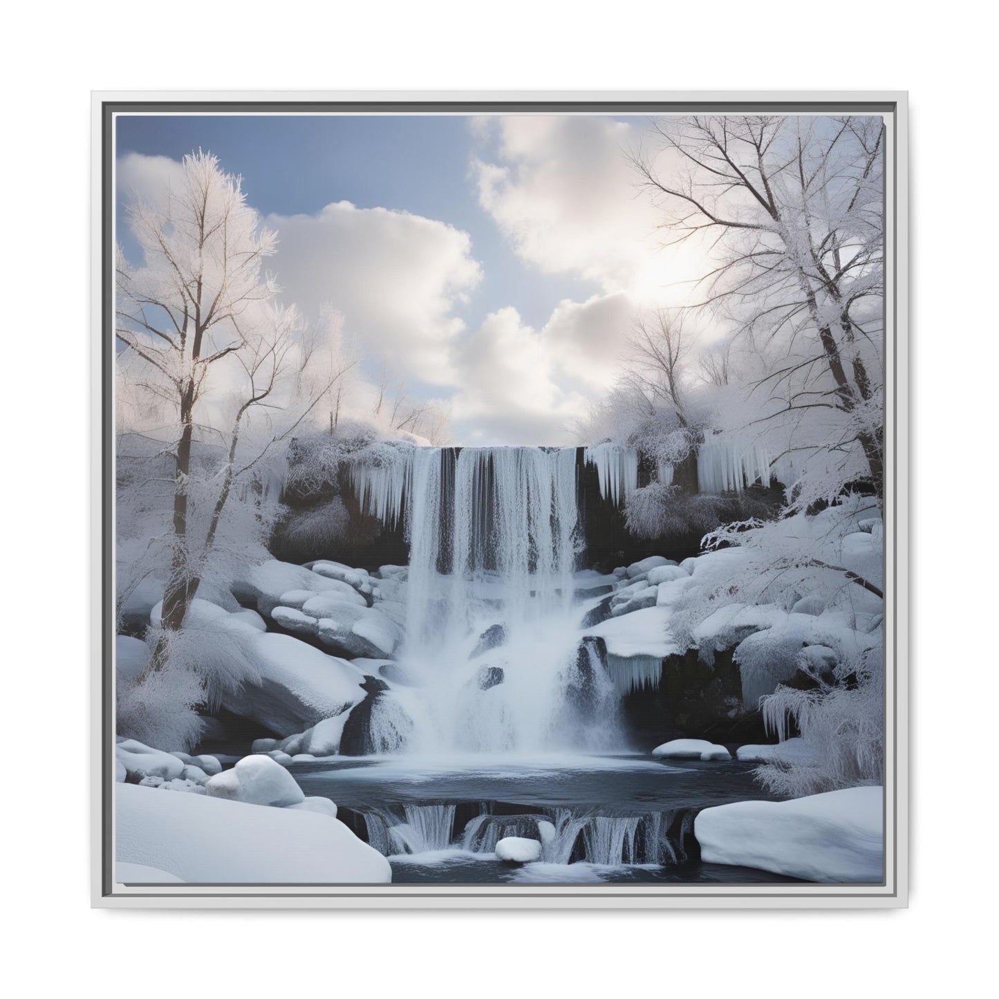 Modern Snowy Waterfall Design Unique Framed Canvas Wall Art Winter Scene Nature Lover Gift Mountain Landscape Decor Gift 3 frame colors