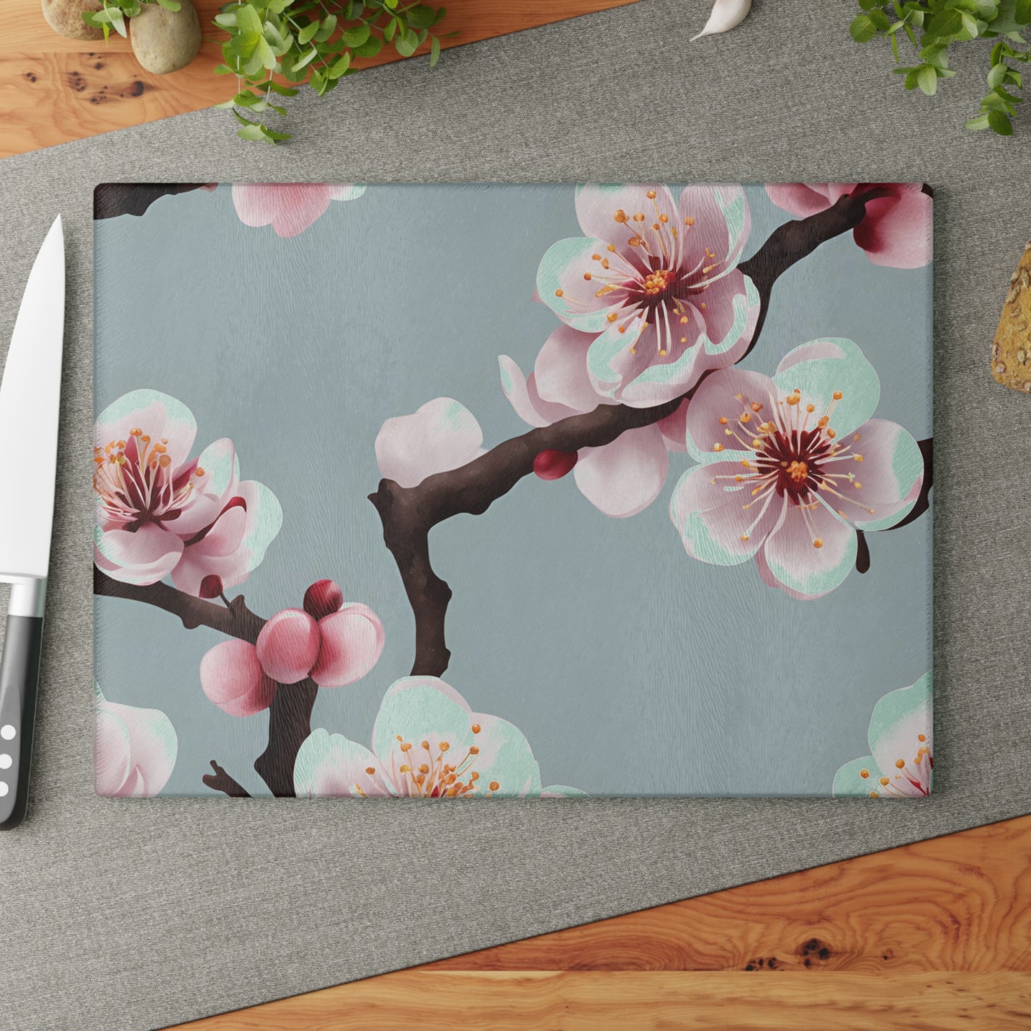 Kitchen Decor Glass Cutting Board Serving Tray with Plum Blossom Design Floral Pattern Cutting Board Gift for Home Cook Charcuterie Board