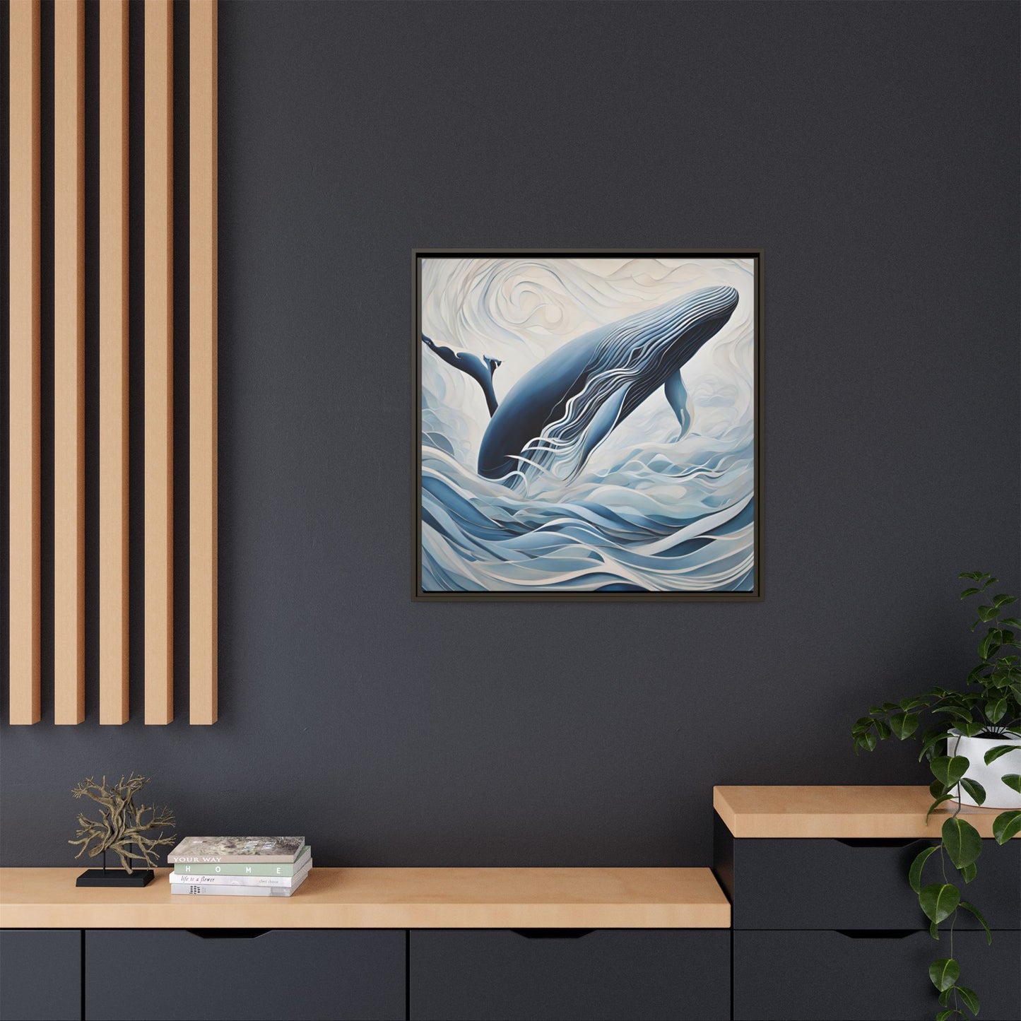 Modern Abstract Whale Wave Design Unique Framed Canvas Wall Art Ocean Beach Gift Nature Lover Gift Underwater Sea Lover Gift 3 frame colors