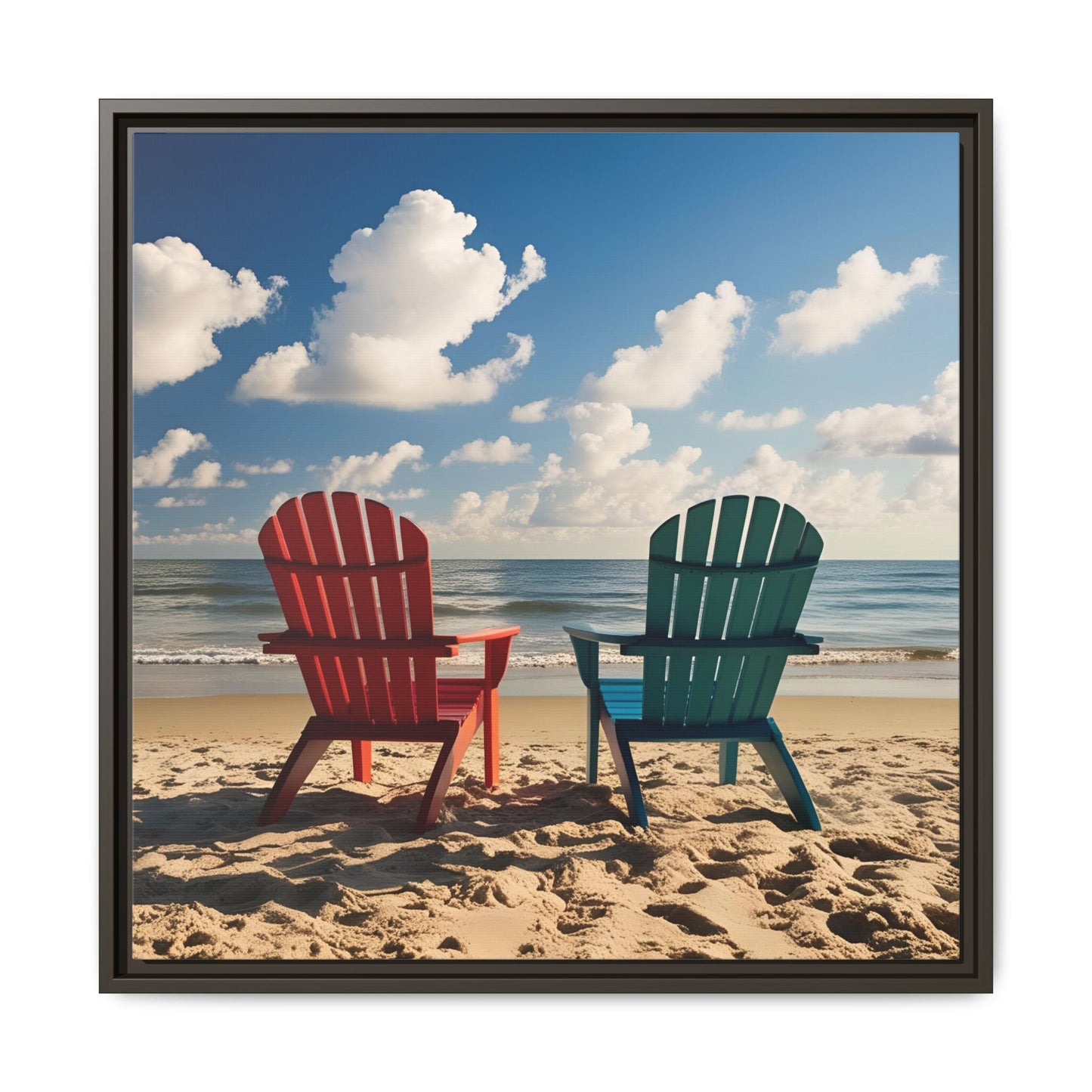 Chairs on the Beach Calm Sunny Day Framed Canvas Wall Art Beach Lover Vacation Oceanic Gift Nature Lover Peaceful Zen Gift 3 frame colors