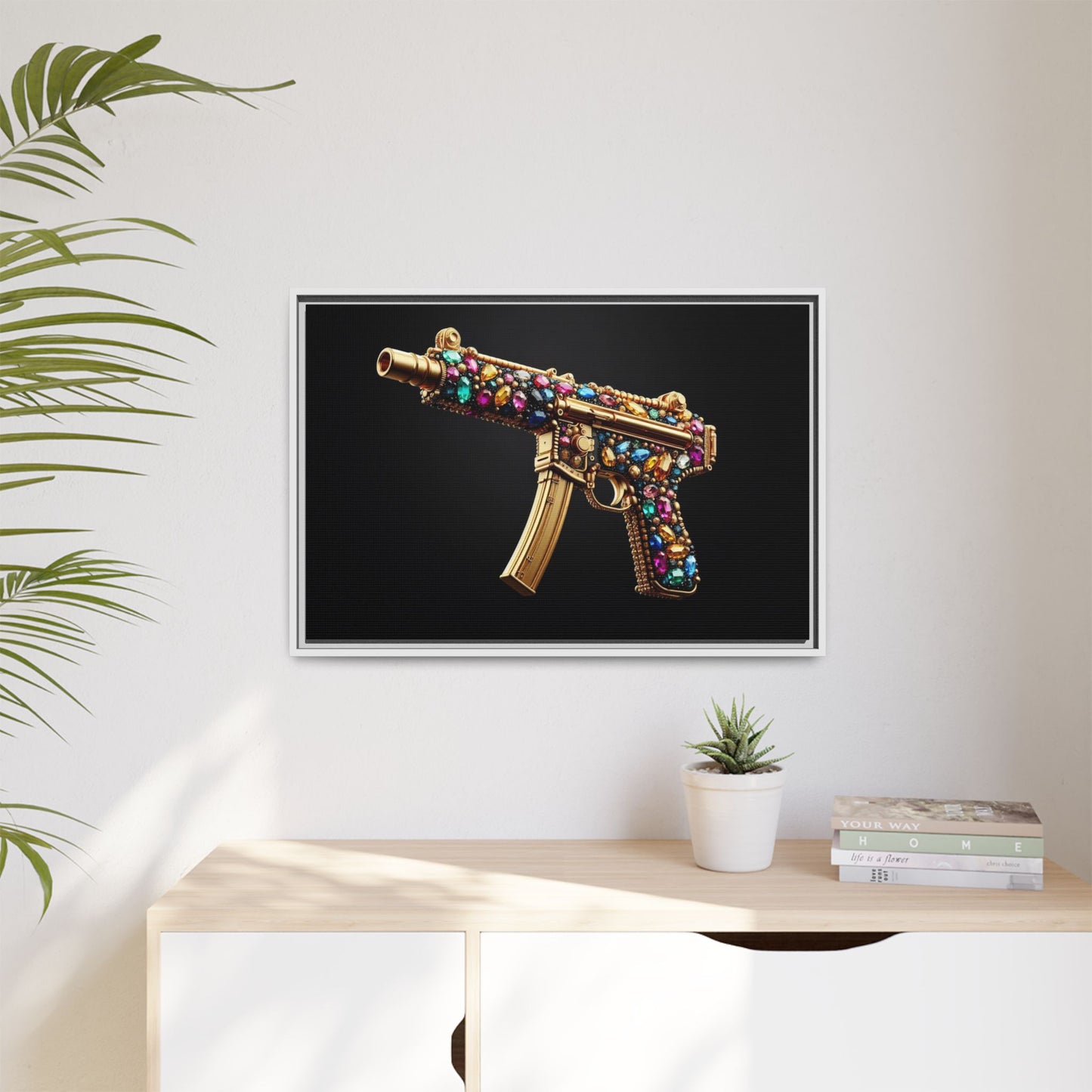 Bejeweled Machine Gun Print AI Design Unique Framed Canvas Print Wall Art Gun Lover Gift Edgy Glam Fantasy Weapon Decor 3 frame colors