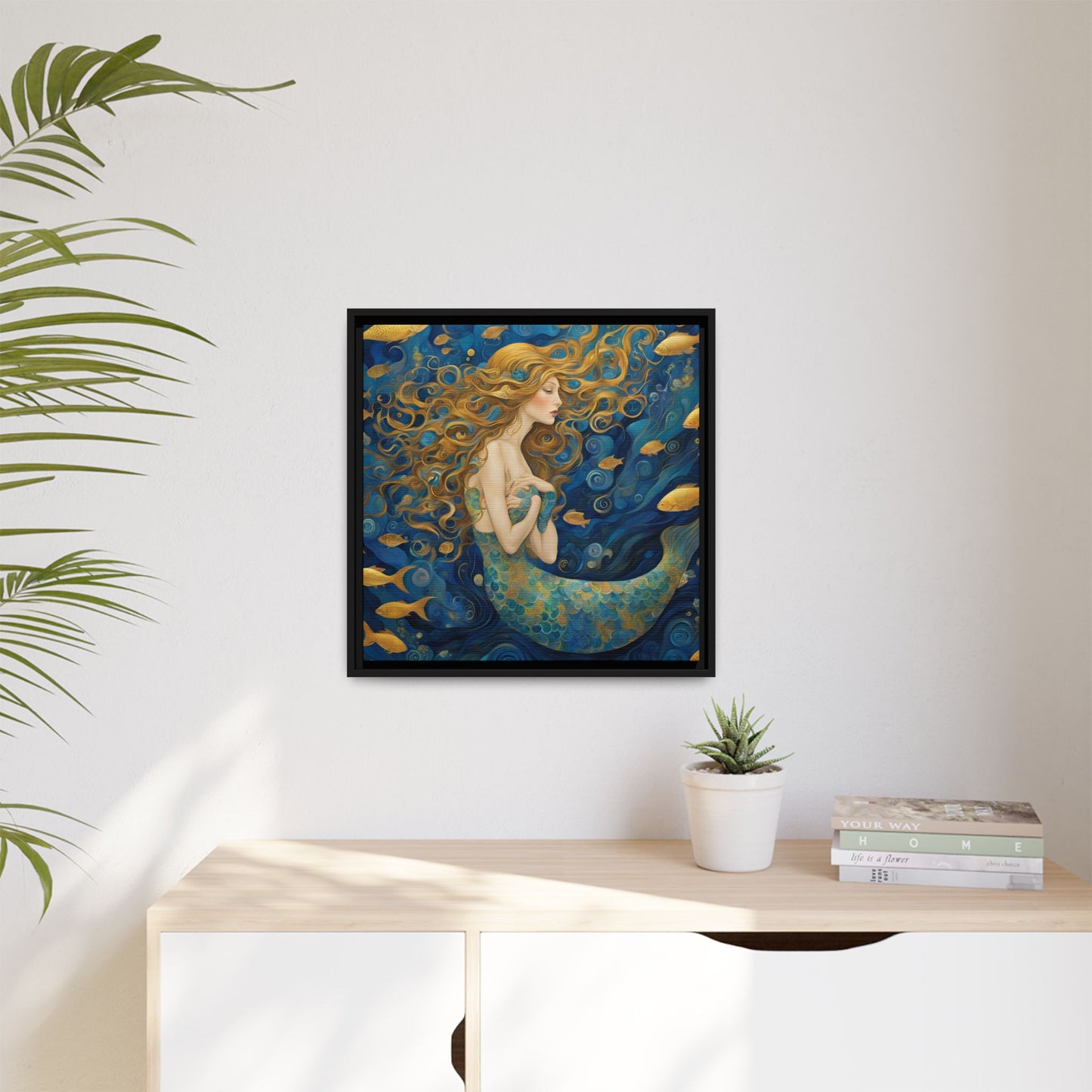 Modern Abstract Mermaid Design Unique Framed Canvas Oceanic Wall Art Underwater Gold Fish Anime Gift Nature Lover Gift 3 frame colors