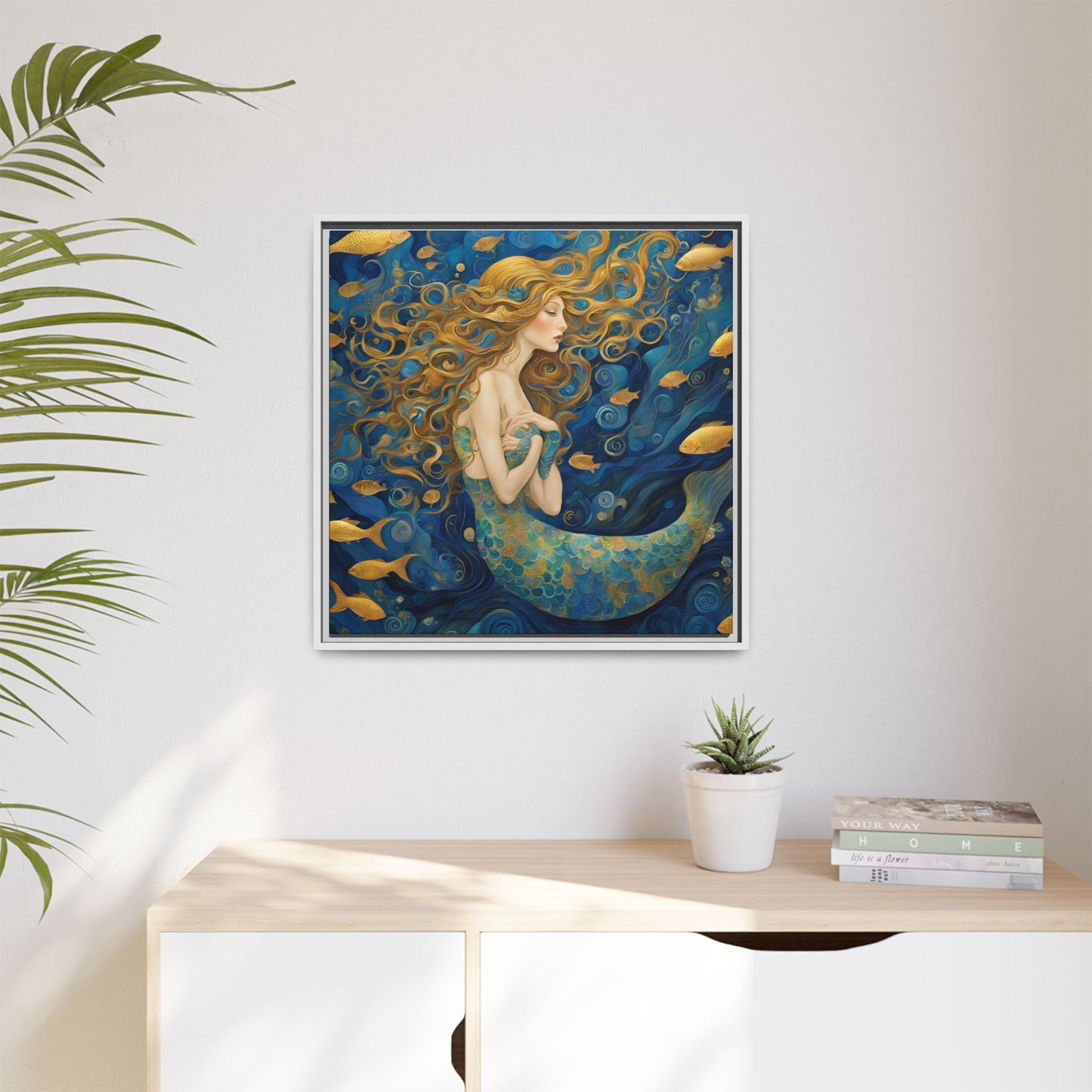 Modern Abstract Mermaid Design Unique Framed Canvas Oceanic Wall Art Underwater Gold Fish Anime Gift Nature Lover Gift 3 frame colors