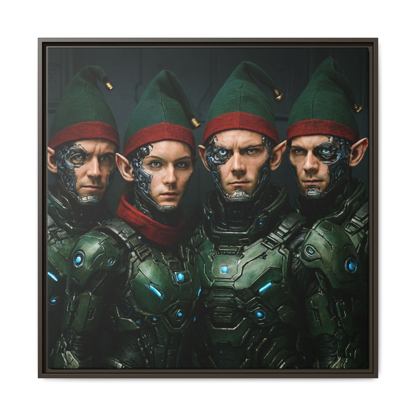 Cyber-Elves Print Modern AI Elf Design Unique Framed Canvas Sci-Fi Print Funny Christmas Elf Wall Art Gamer Gift Decor 3 frame colors
