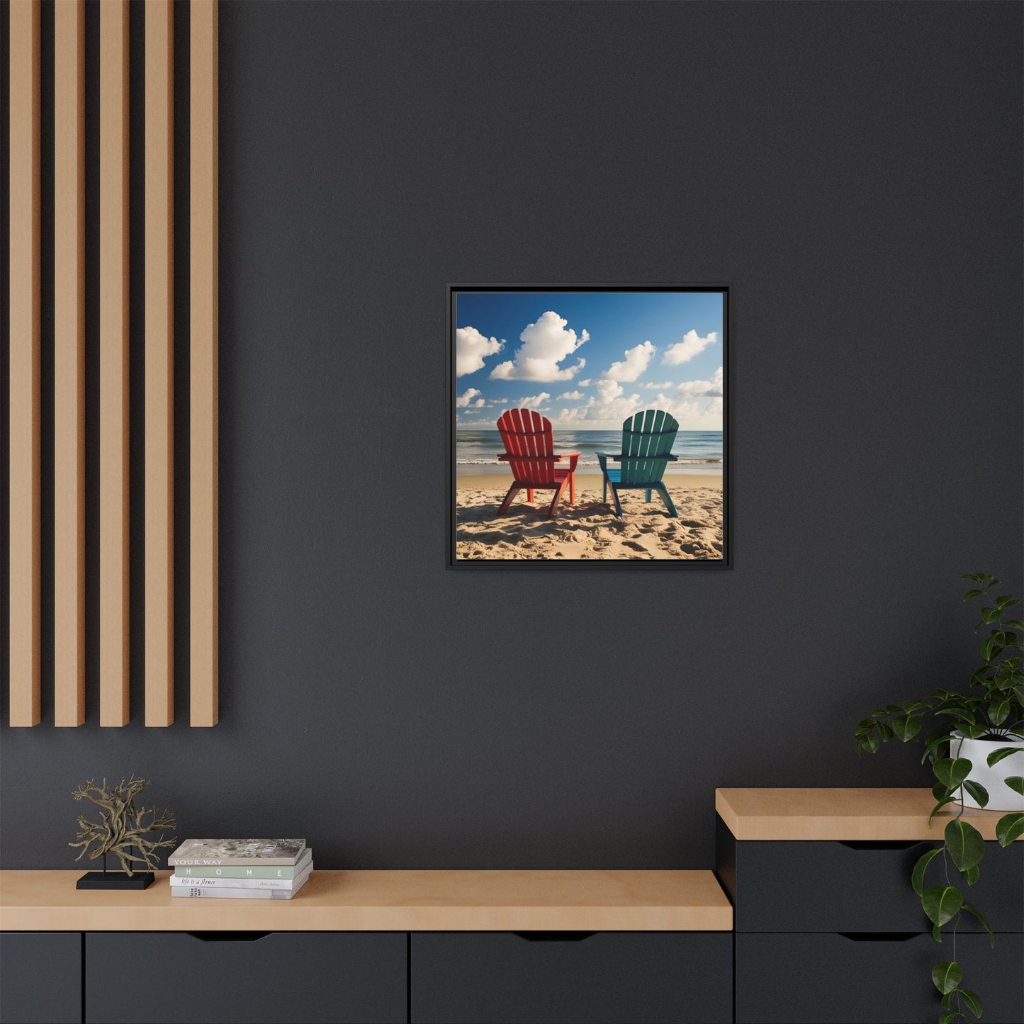 Chairs on the Beach Calm Sunny Day Framed Canvas Wall Art Beach Lover Vacation Oceanic Gift Nature Lover Peaceful Zen Gift 3 frame colors