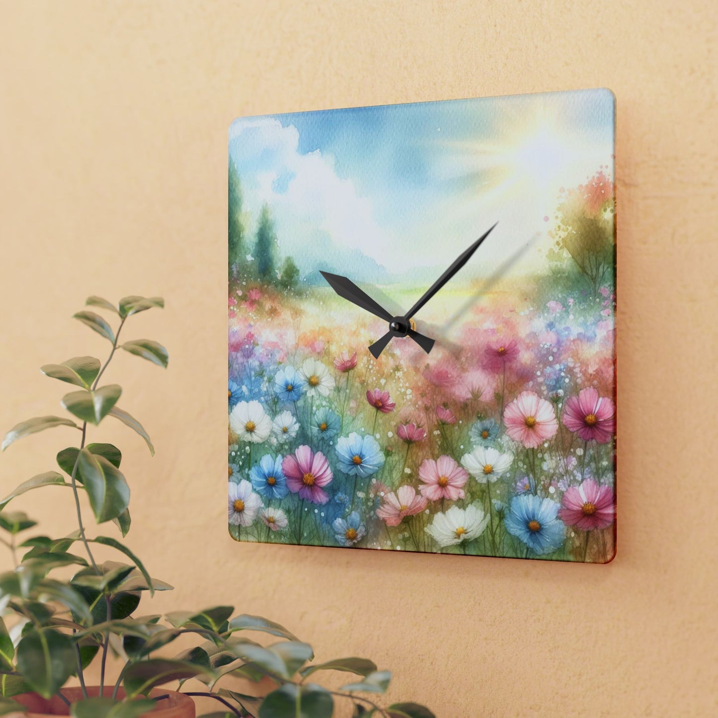 Pastel Floral Design Acrylic Clock Unique Colorful Wall Clock for Kitchen or Living Room Nature Lover Field of Flowers Gardener Gift