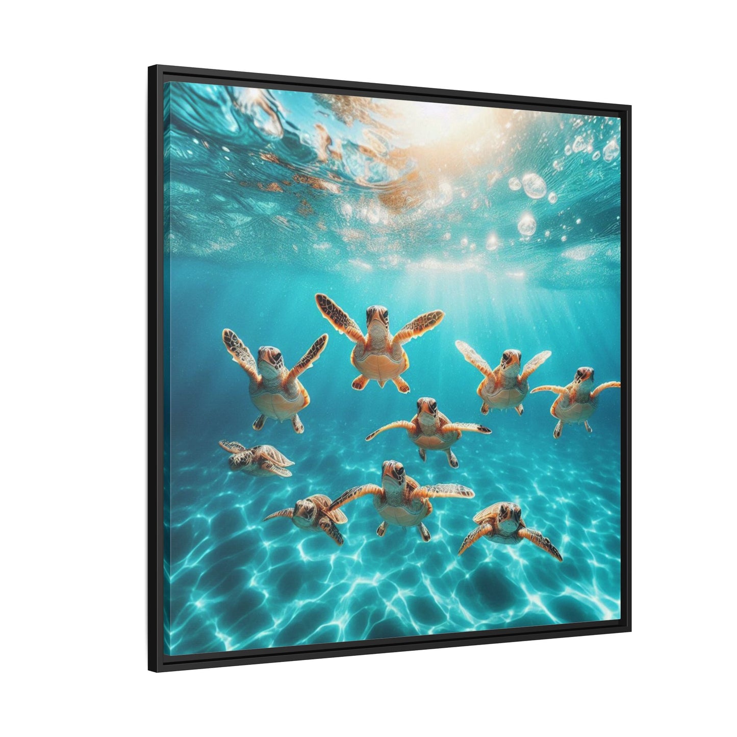 Baby Sea Turtles Out for a Swim Framed Canvas Wall Art Beach Lover Vacation Oceanic Gift Nature Lover Peaceful Zen Gift 3 frame colors