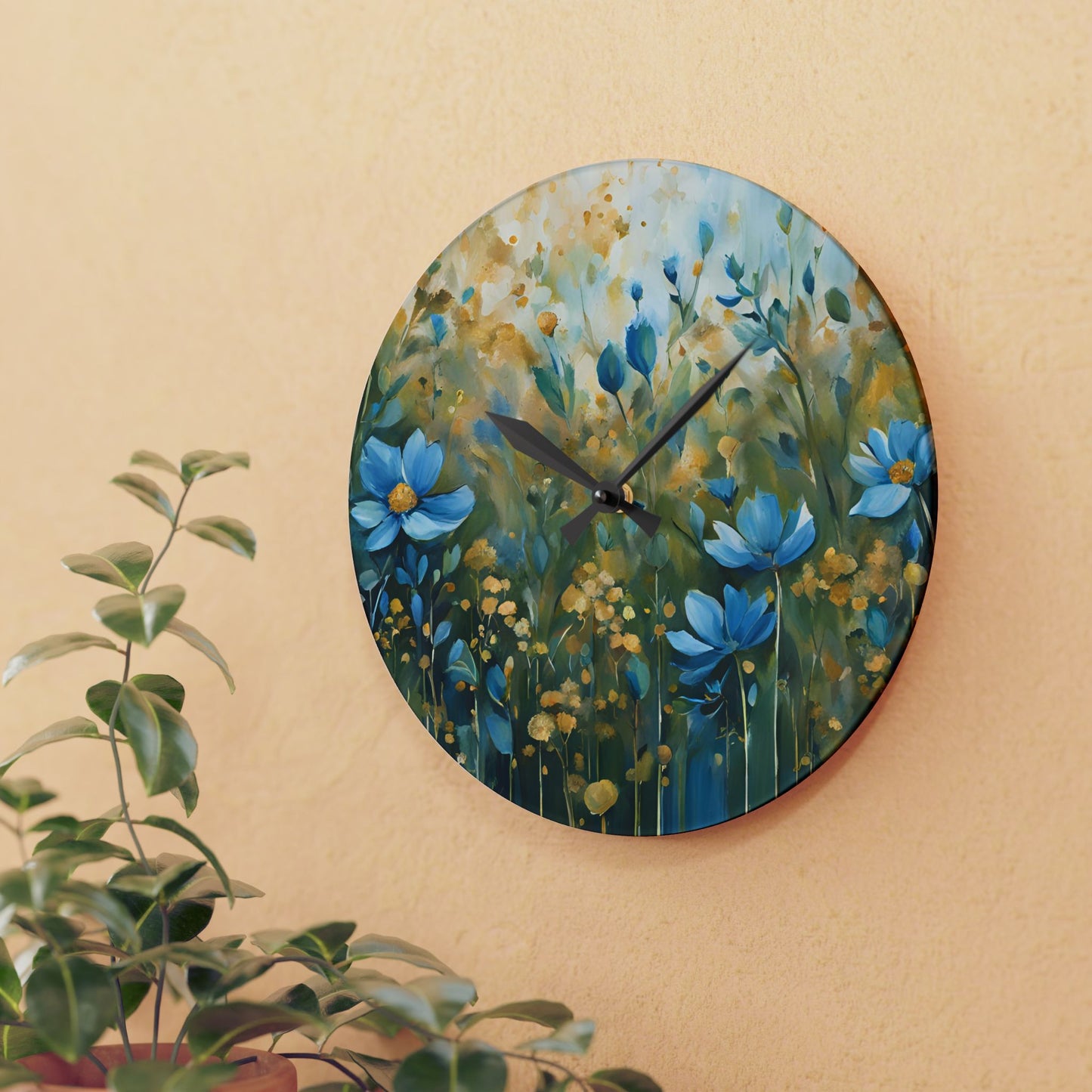 Floral Design Acrylic Clock Unique Colorful Wall Clock for Kitchen or Living Room Nature Lover Field of Flowers Gardener Gift