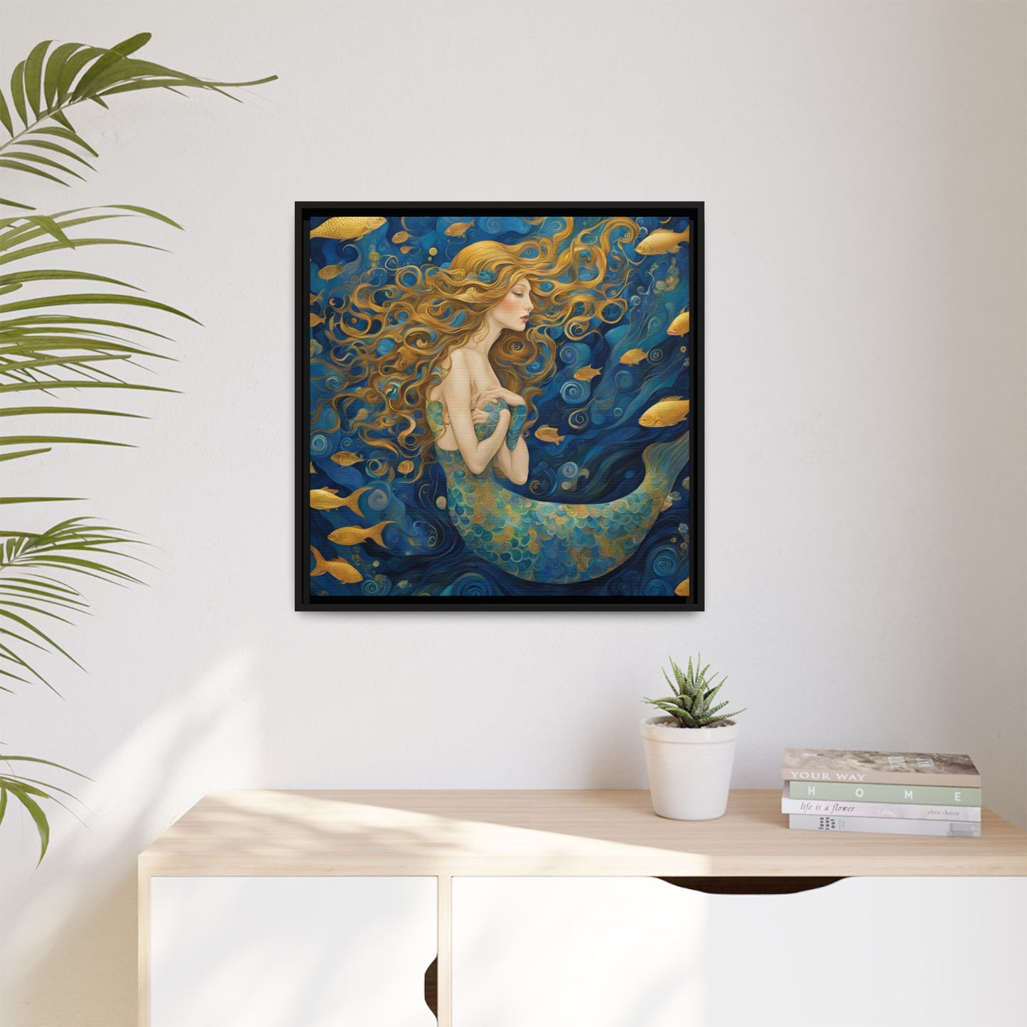 Modern Abstract Mermaid Design Unique Framed Canvas Oceanic Wall Art Underwater Gold Fish Anime Gift Nature Lover Gift 3 frame colors