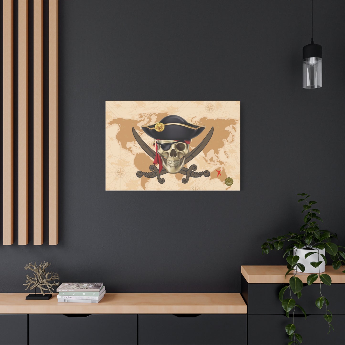 Jolly Roger Pirate Print Wall Art | Matte Canvas, Stretched, 1.25" | Nautical Themed Swords and Skull Anime Print