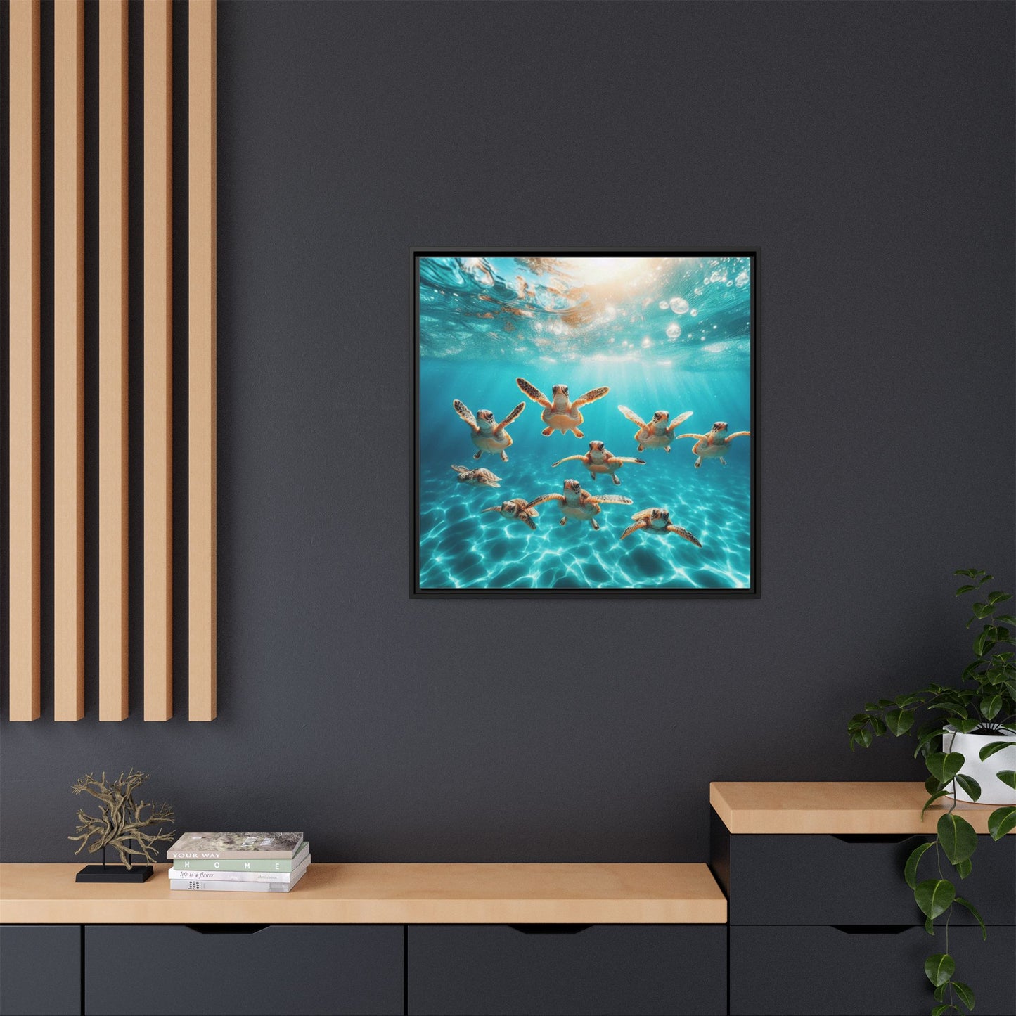 Baby Sea Turtles Out for a Swim Framed Canvas Wall Art Beach Lover Vacation Oceanic Gift Nature Lover Peaceful Zen Gift 3 frame colors