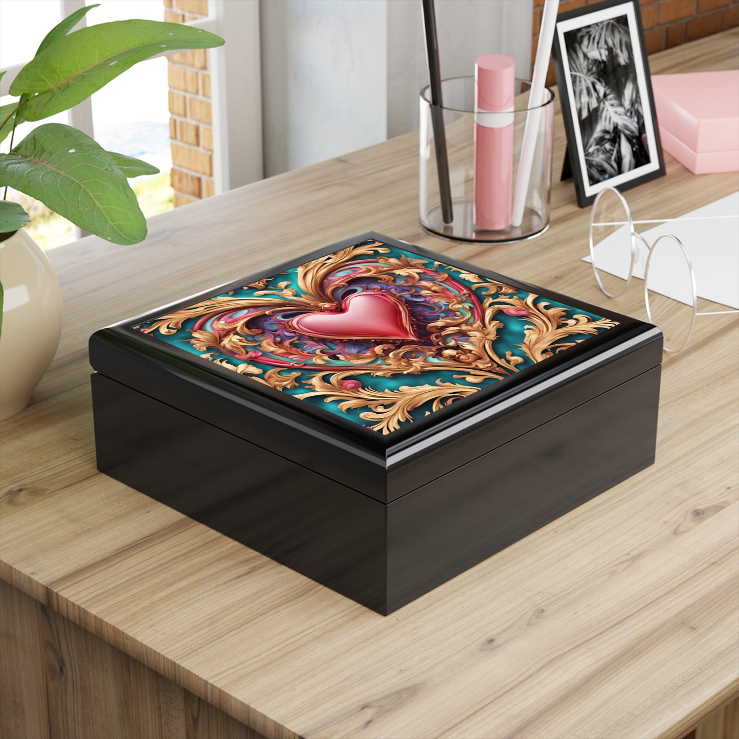 Unique Art Print Retro Heart Design Jewelry Box Trinket Box Bedroom Dresser Decor Vanity Gift Box - 3 colors to choose from