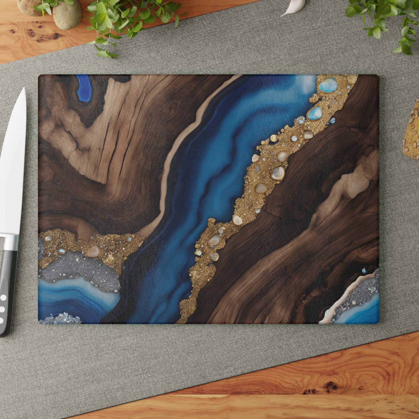 Kitchen Decor Glass Wood-look Image Nature Lover Cutting Board Serving Tray Home Cook Gift Colorful Glass Geode-inspired Charcuterie Board