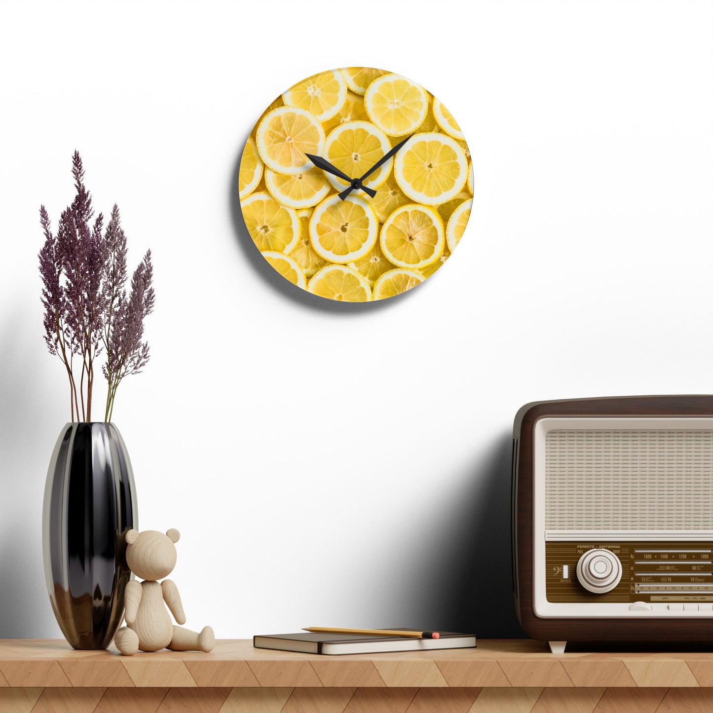 Lemons Design Acrylic Clock Unique Colorful Wall Clock for Kitchen or Living Room Nature Lover Field of Flowers Gardener Gift