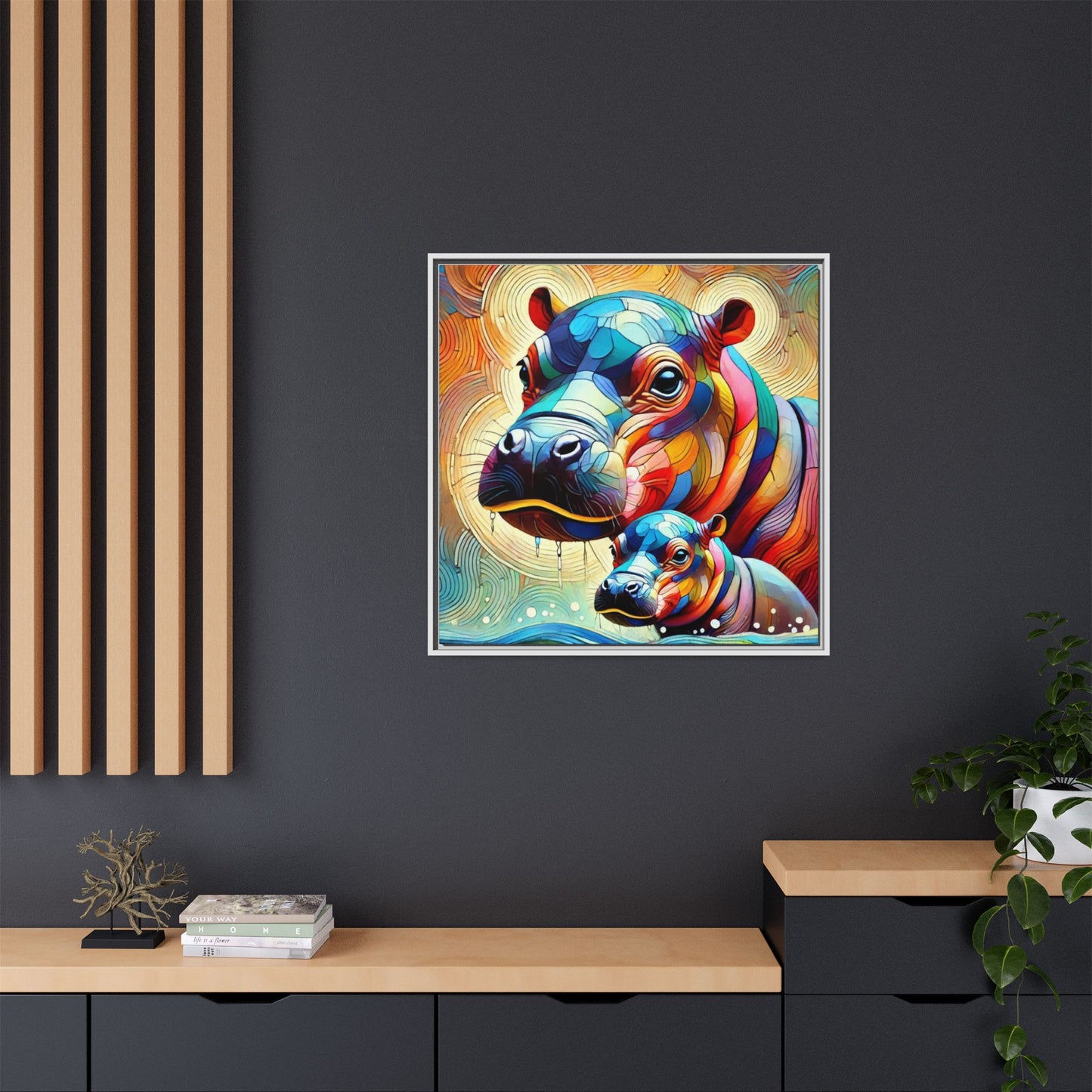 Modern Hippo Print Abstract Design Unique Framed Canvas Print Baby Hippo Wall Art Animal Lover Gift Nature Lover Decor 3 frame colors