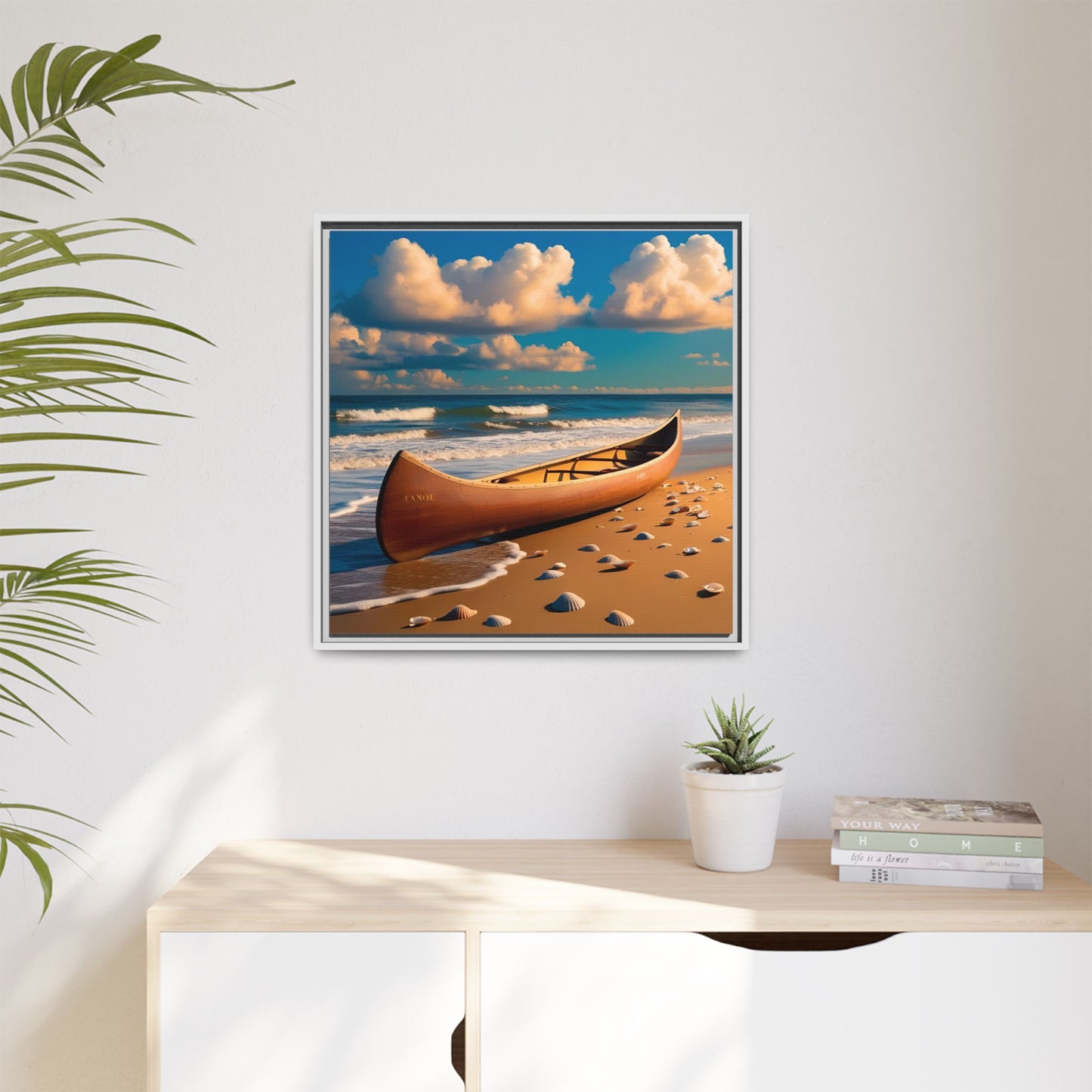 Canoe on the Beach Calm Sunny Day Framed Canvas Wall Art Beach Lover Vacation Oceanic Gift Nature Lover Peaceful Zen Gift 3 frame colors