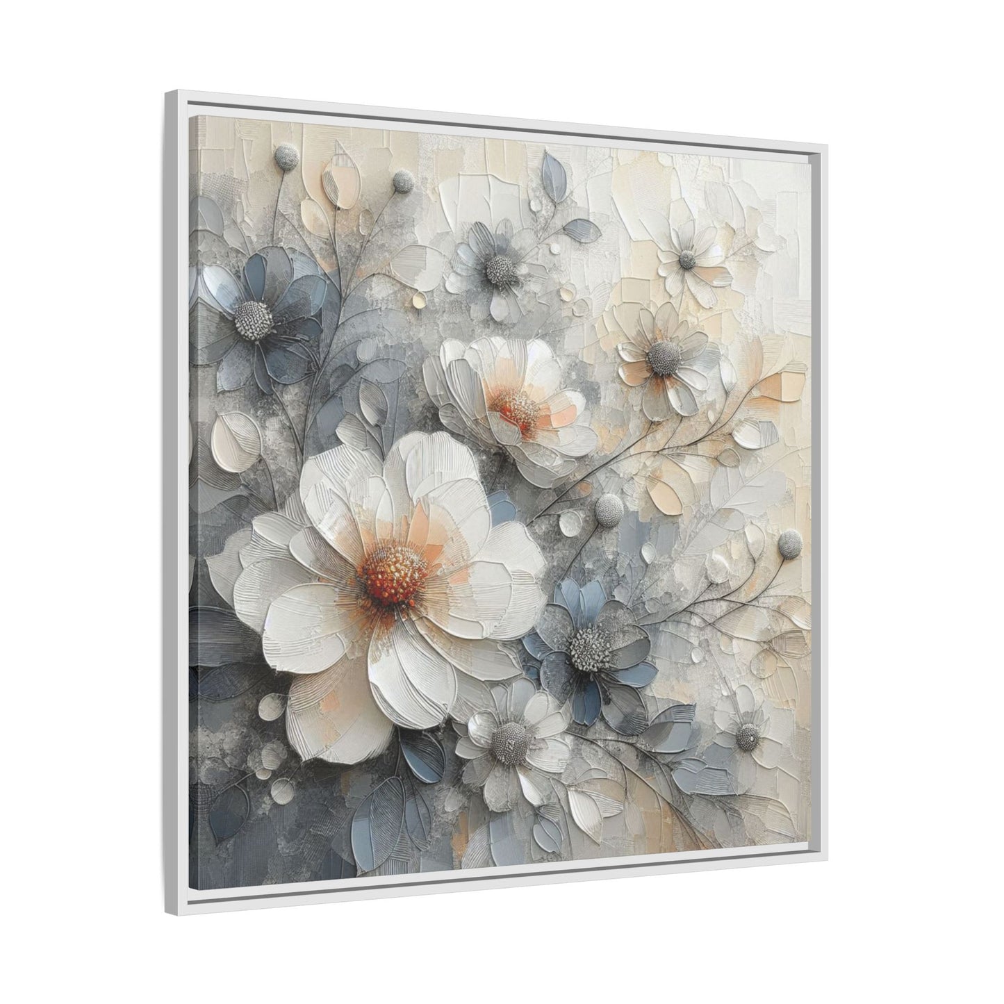 Modern Grey and White Floral Design Unique Framed Canvas Wall Art Flower Lover Gift Nature Lover Gift 3 frame colors
