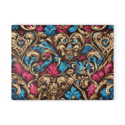 Kitchen Decor Glass Cutting Board Serving Tray with Heart Design Retro Damask Pattern Cutting Board Gift for Home Cook Charcuterie Board