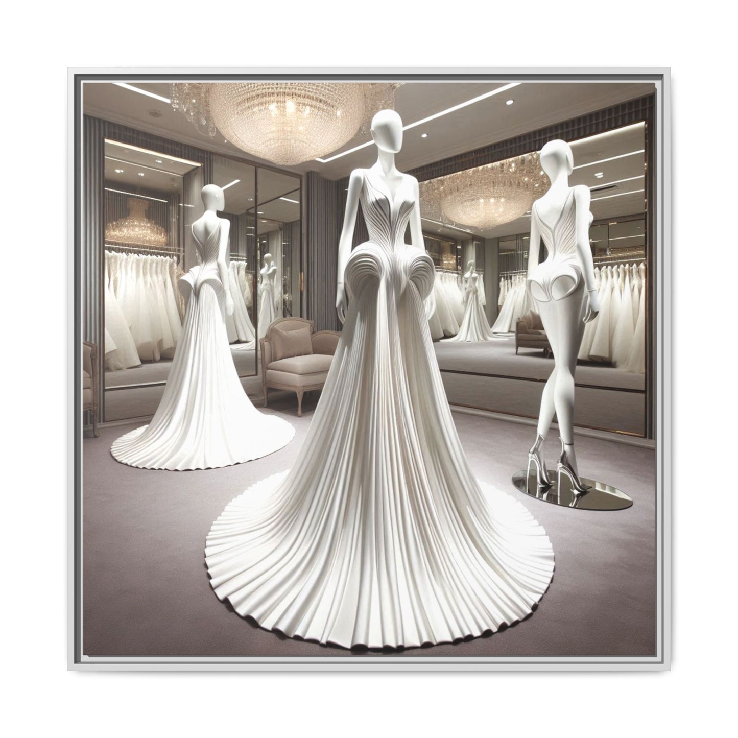 Futuristic Modern Wedding Dress Framed Canvas Print Wall Art Unique Fashion Designer Haute Couture Fashionista Gift Decor 3 Frame Colors
