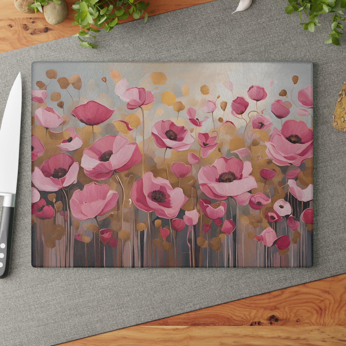 Kitchen Decor Glass Cutting Board Serving Tray with Field of Flowers Pattern Cutting Board Gift for Home Cook Charcuterie Board