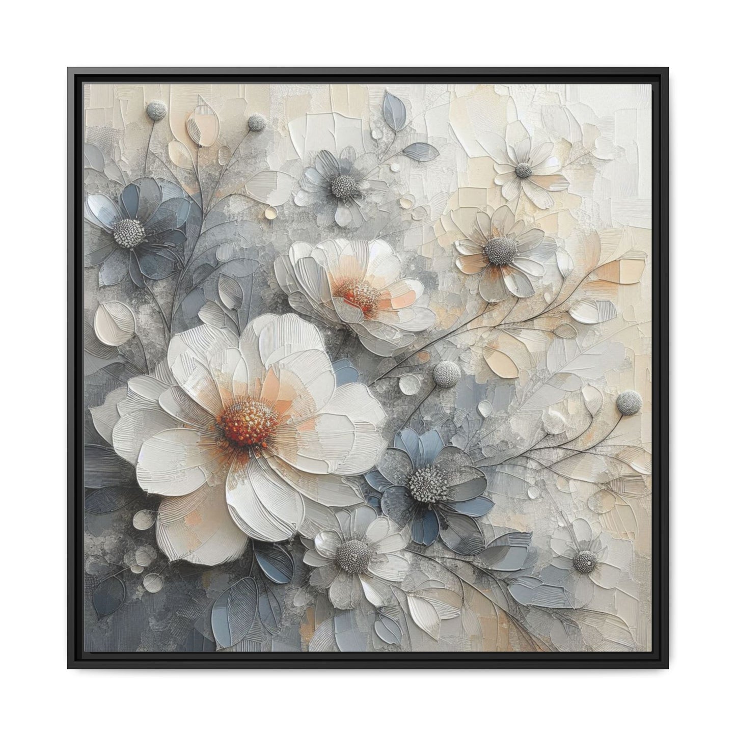 Modern Grey and White Floral Design Unique Framed Canvas Wall Art Flower Lover Gift Nature Lover Gift 3 frame colors