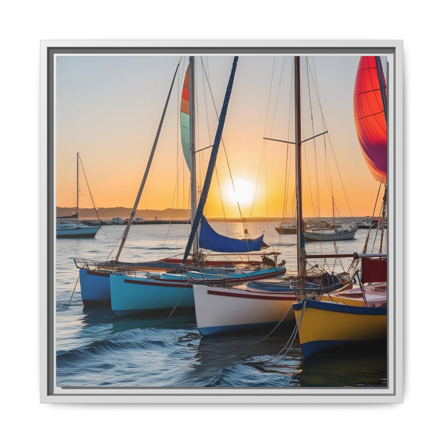 Sailboats at Sunset in Harbor Framed Canvas Wall Art Beach Lover Vacation Oceanic Gift Nature Lover Peaceful Zen Sunrise Art 3 frame colors