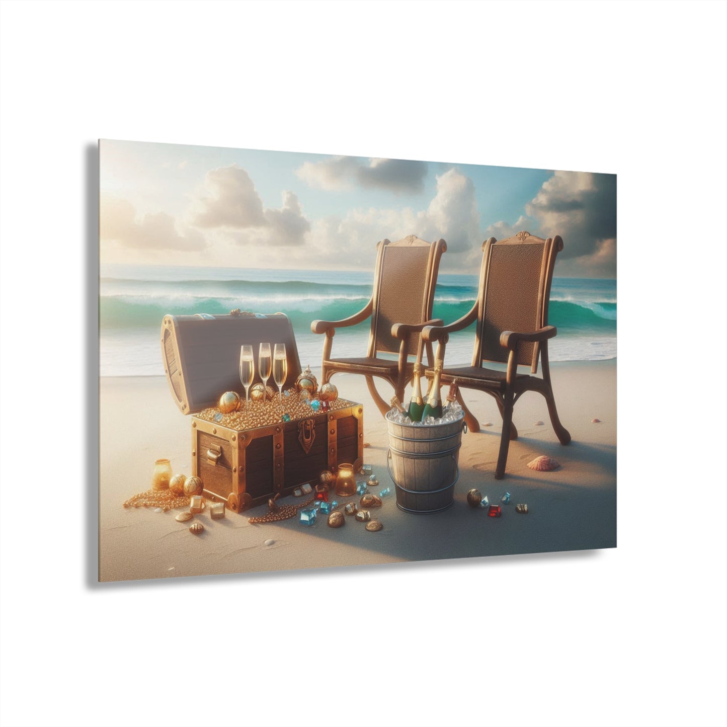 Chairs on the Beach with Pirate's Treasure Acrylic Print with French Cleat Ocean Lover Wall Art Beachy Gift Artwork Modern Home Decor