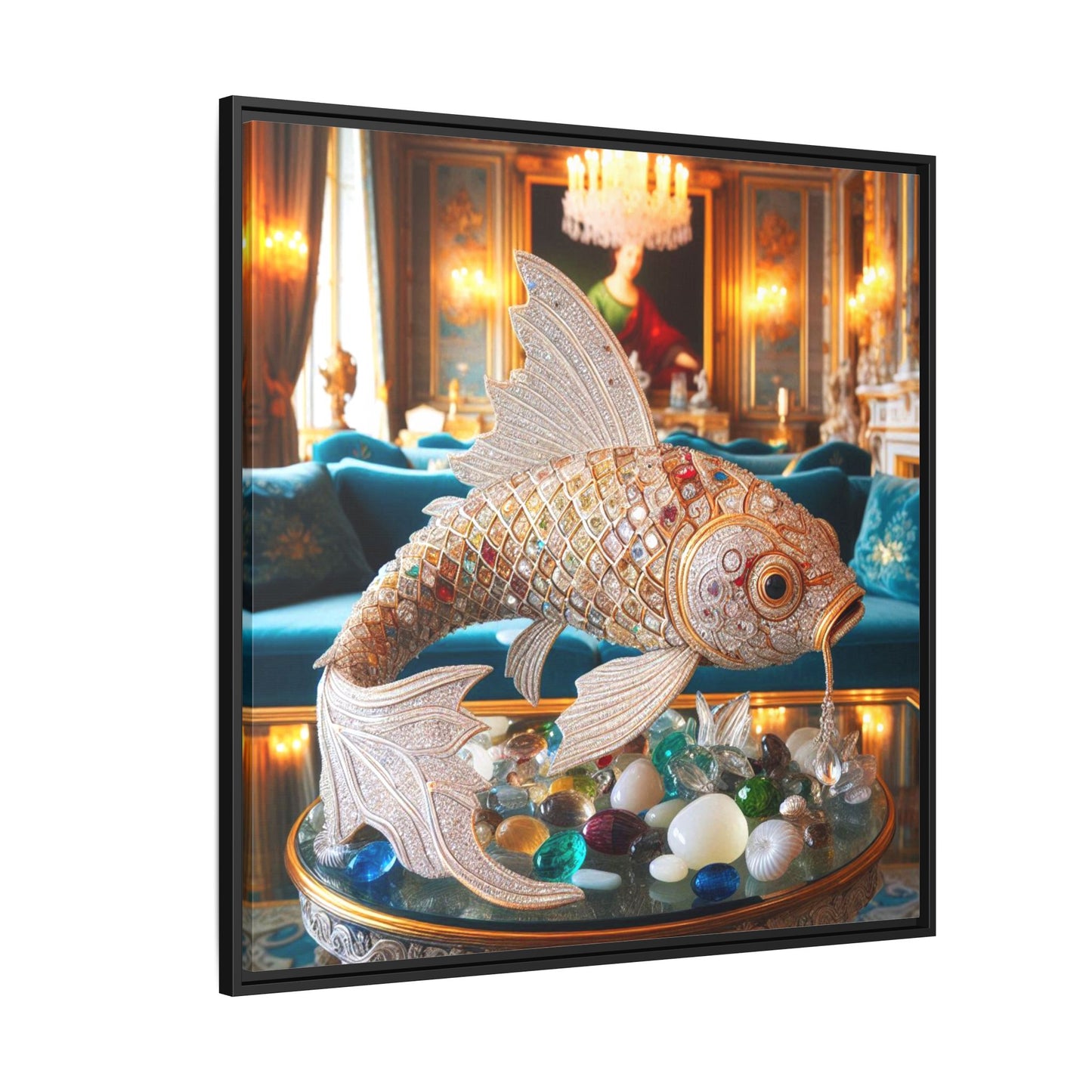 Bejeweled Koi Fish Framed Canvas Print Wall Art Unique Fashion Designer Haute Couture Fashionista Animal Lover Gift Decor 3 Frame Colors