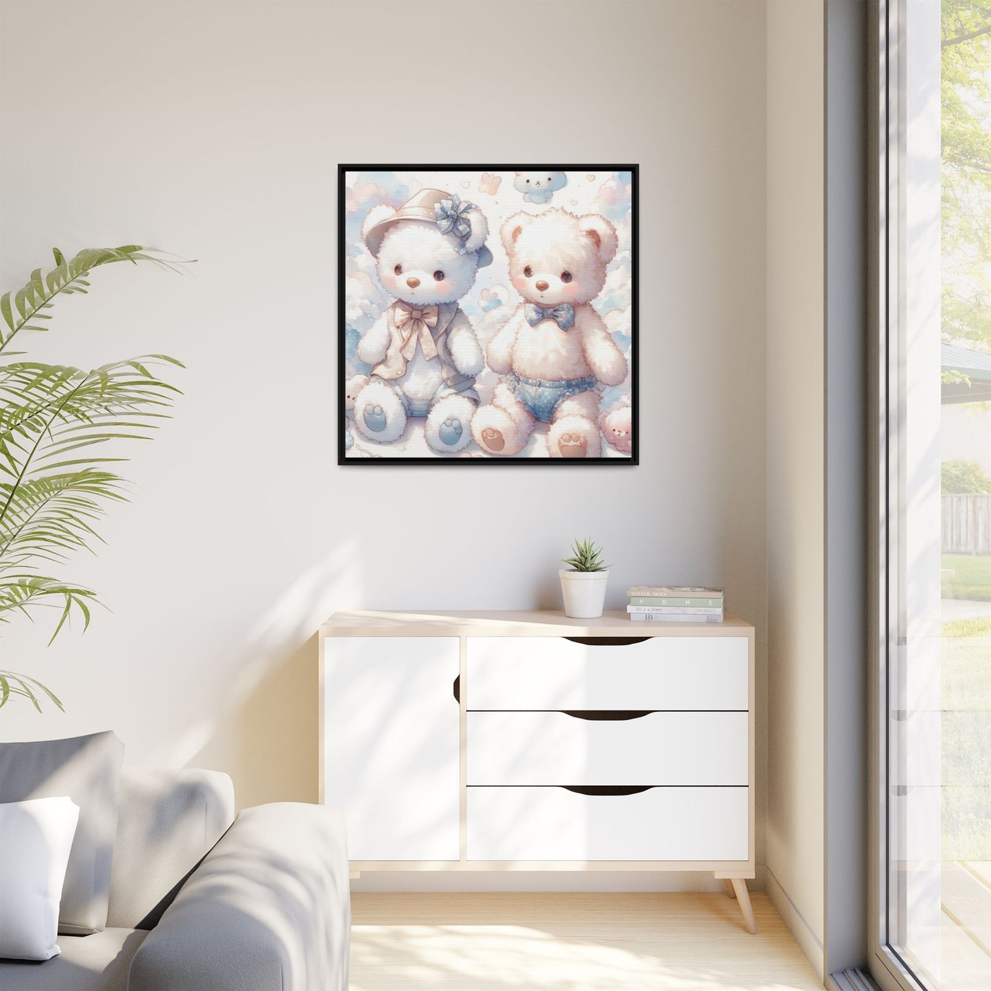 Whimsical Nursery Decor Pastel Floral Teddy Bear Design Wall Art Unique Sweet Baby Room Framed Canvas Print Unisex Baby Shower Gift