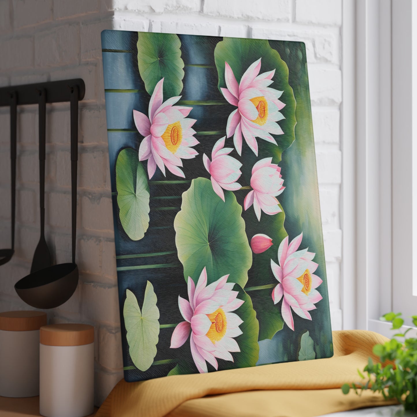 Kitchen Decor Glass Cutting Board Serving Tray with Lotus Blossom Design Cutting Board Gift for Home Cook Floral Charcuterie Board