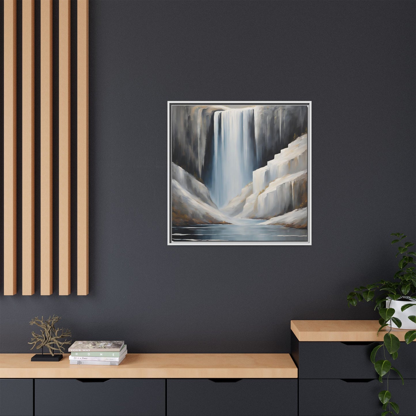 Modern Abstract Waterfall Design Unique Framed Canvas Wall Art Ocean Beach Gift Nature Lover Gift Mountain Landscape Gift 3 frame colors